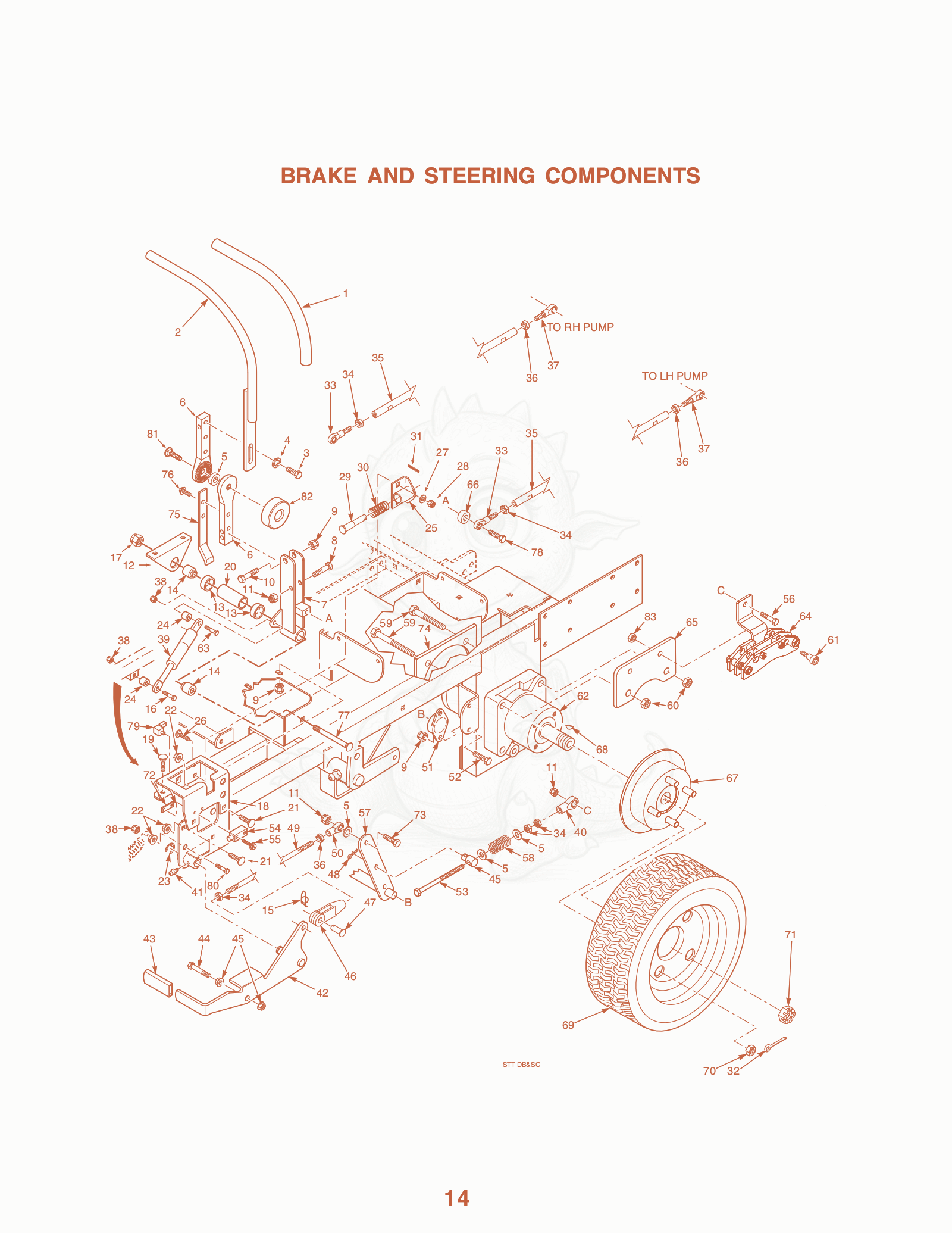 Exploded parts diagram of the Brake AND Steering Components of a Scag STT-27KA, with numbered balloons