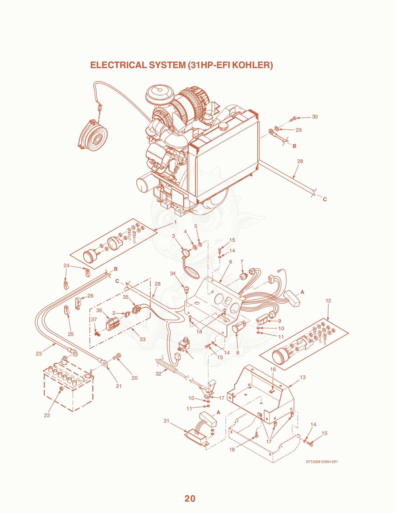 Exploded parts diagram of the Electrical System (31HP-EFI Kohler) of a Scag STT-27KA, with numbered balloons