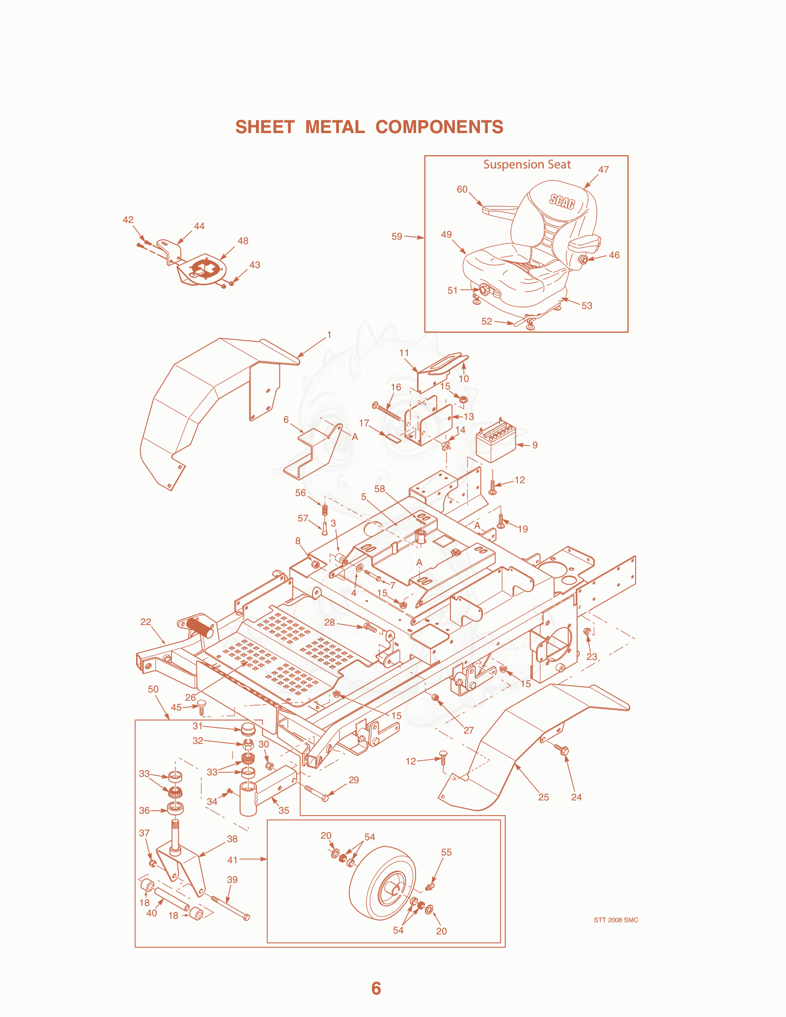 Exploded parts diagram of the Sheet Metal Components of a Scag STT-27KA, with numbered balloons