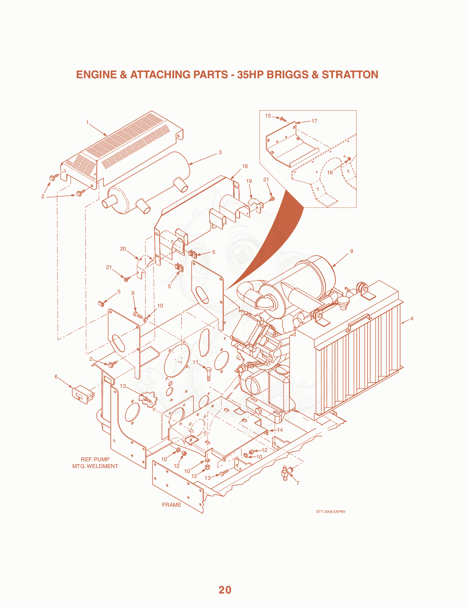 Exploded parts diagram of the Engine & Attaching Parts - 35HP Briggs & Stratton of a Scag STT-35BV, with numbered balloons