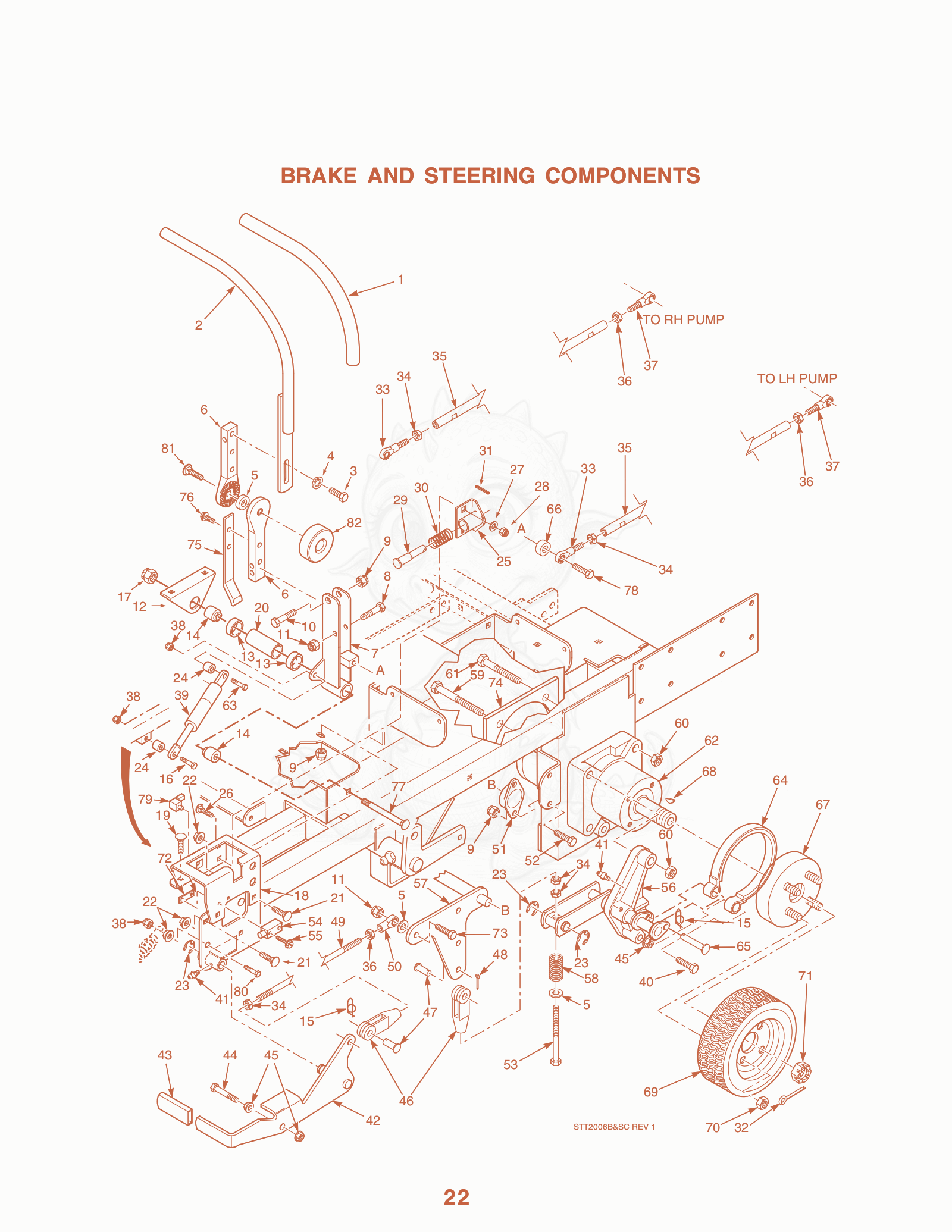 Exploded parts diagram of the Brake AND Steering Components of a Scag STT-27KA, with numbered balloons