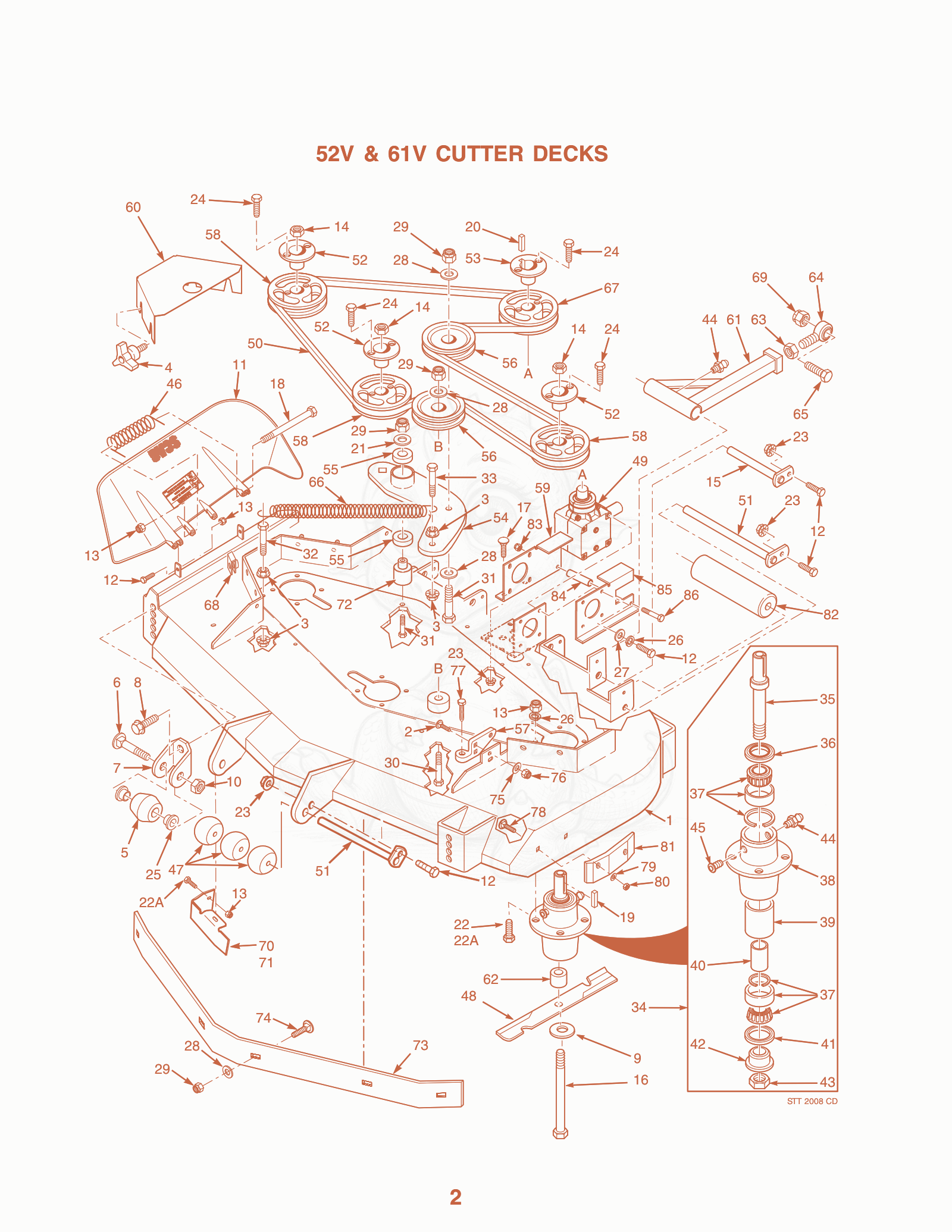 Exploded parts diagram of the 52V & 61V Cutter Decks of a Scag STT61B-22KA, with numbered balloons