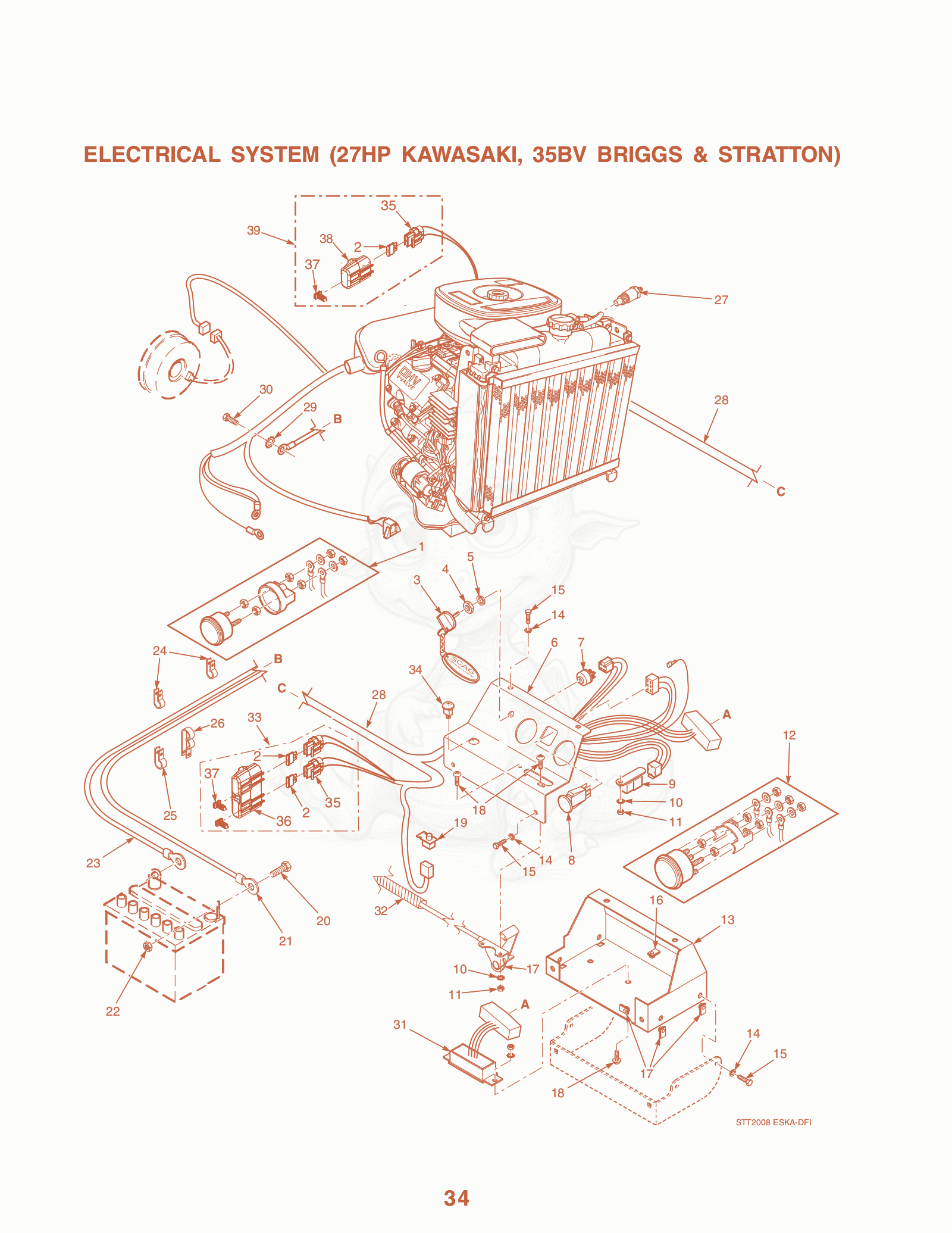 Exploded parts diagram of the Electrical System (27HP Kawasaki, 35BV Briggs & Stratton) of a Scag STT52B-22KA, with numbered balloons
