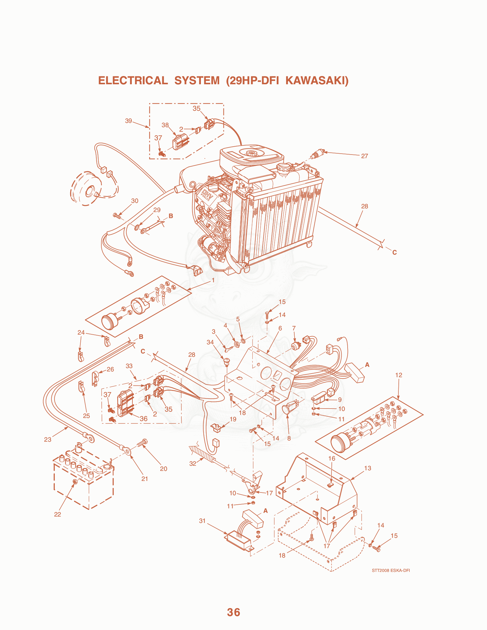 Exploded parts diagram of the Electrical System (29HP-DFI Kawasaki) of a Scag STT-35BV, with numbered balloons