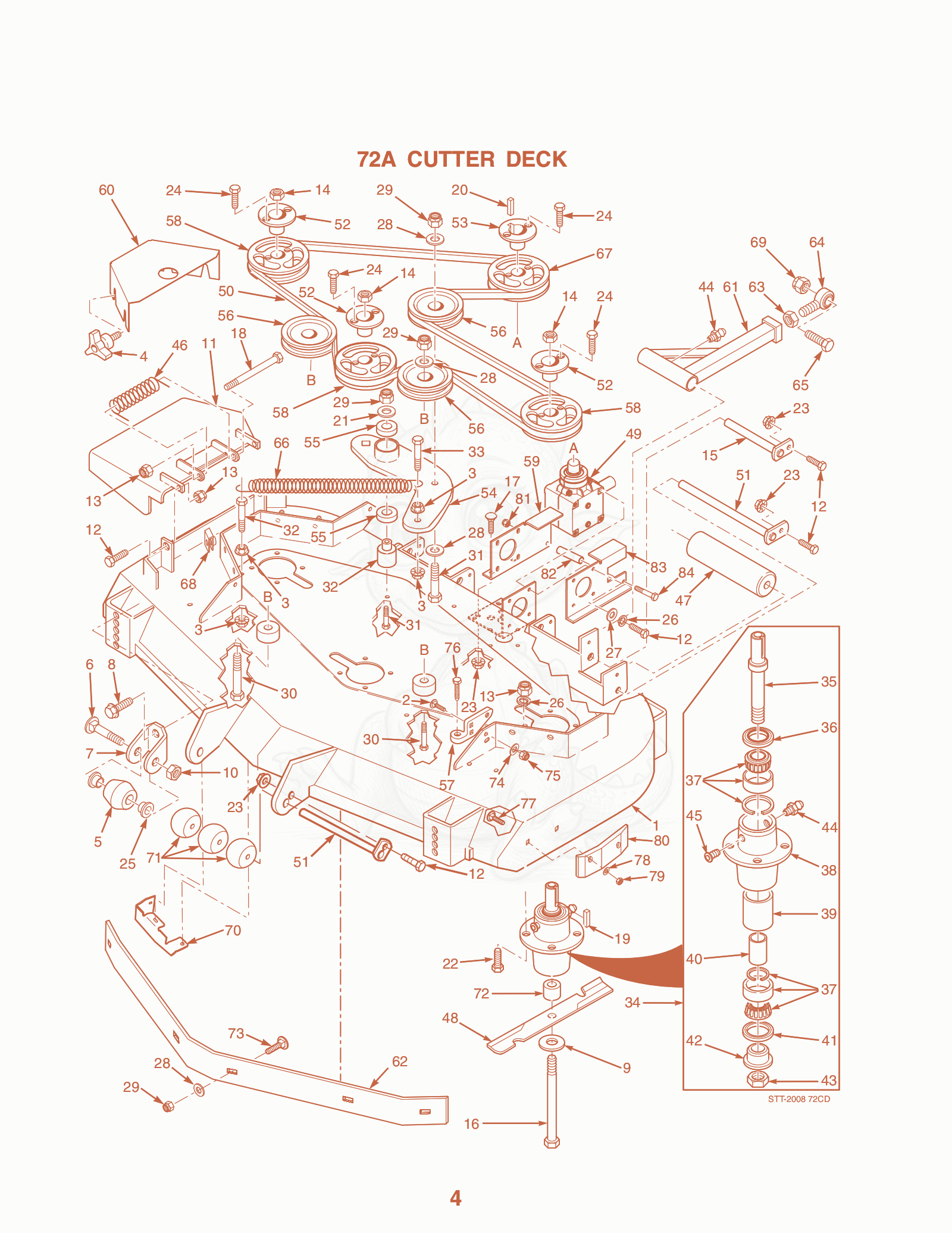 Exploded parts diagram of the 72A Cutter Deck of a Scag STT-52, with numbered balloons
