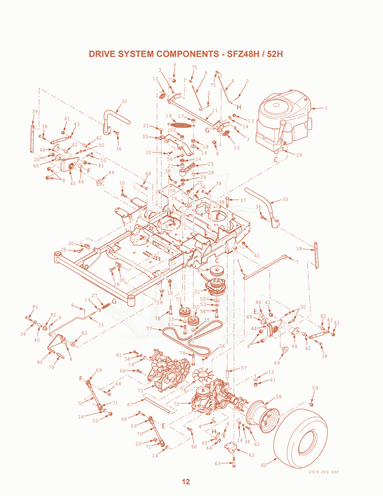 Exploded parts diagram of the Drive System Components - SFZ48H / 52H of a Scag SFZ-48, with numbered balloons