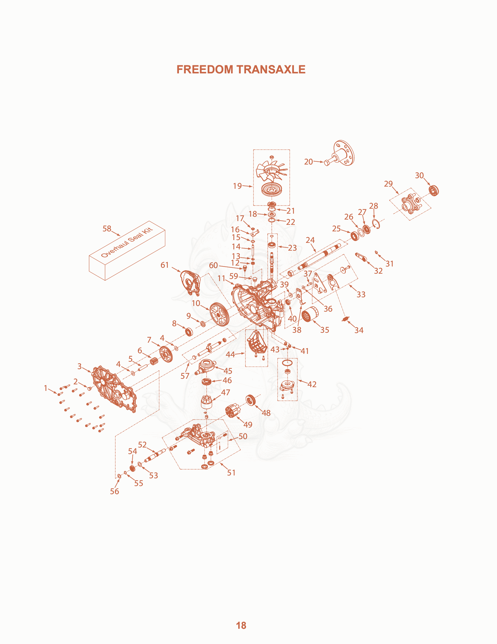 Exploded parts diagram of the Freedom Transaxle of a Scag SFZ-48, with numbered balloons