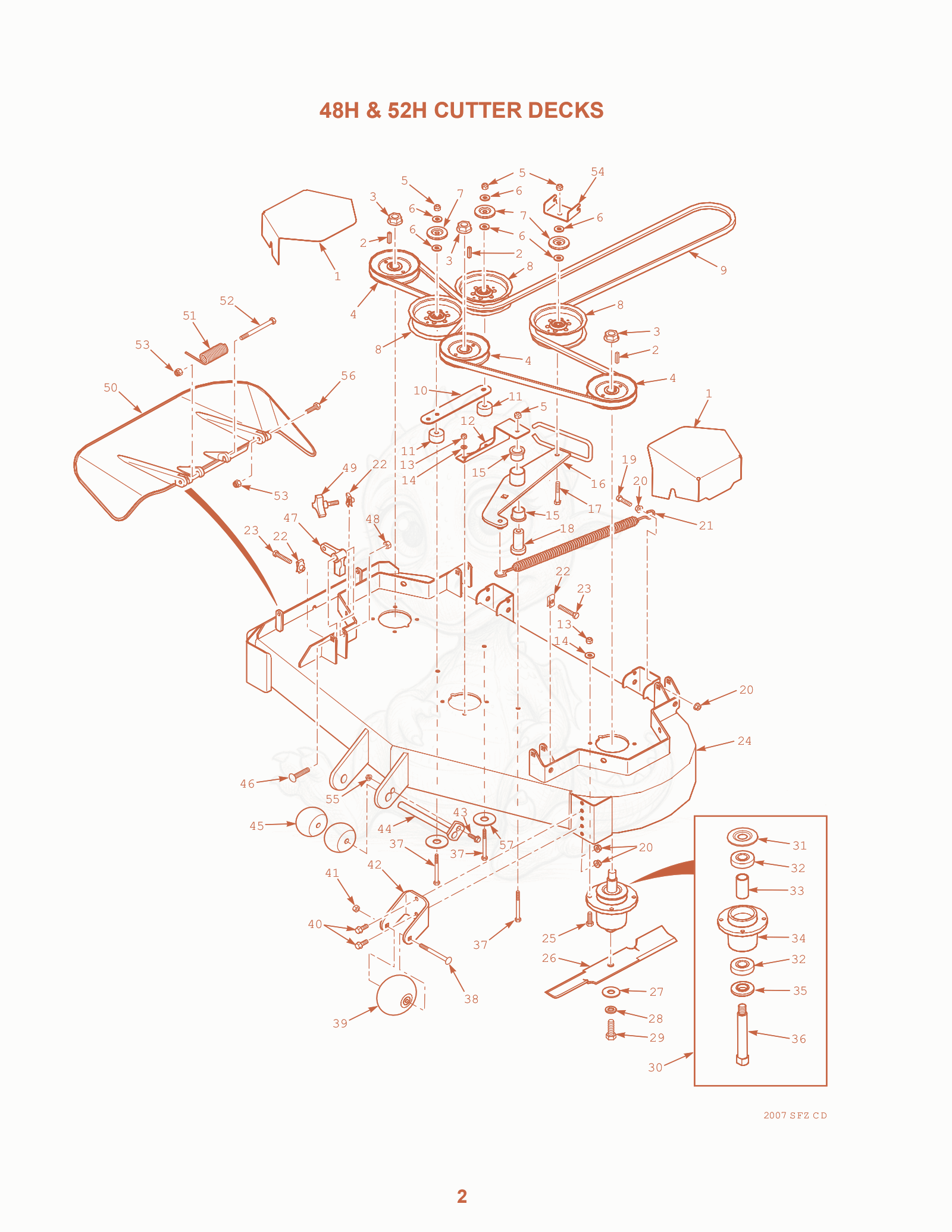 Exploded parts diagram of the 48H & 52H Cutter Decks of a Scag SFZ-48, with numbered balloons