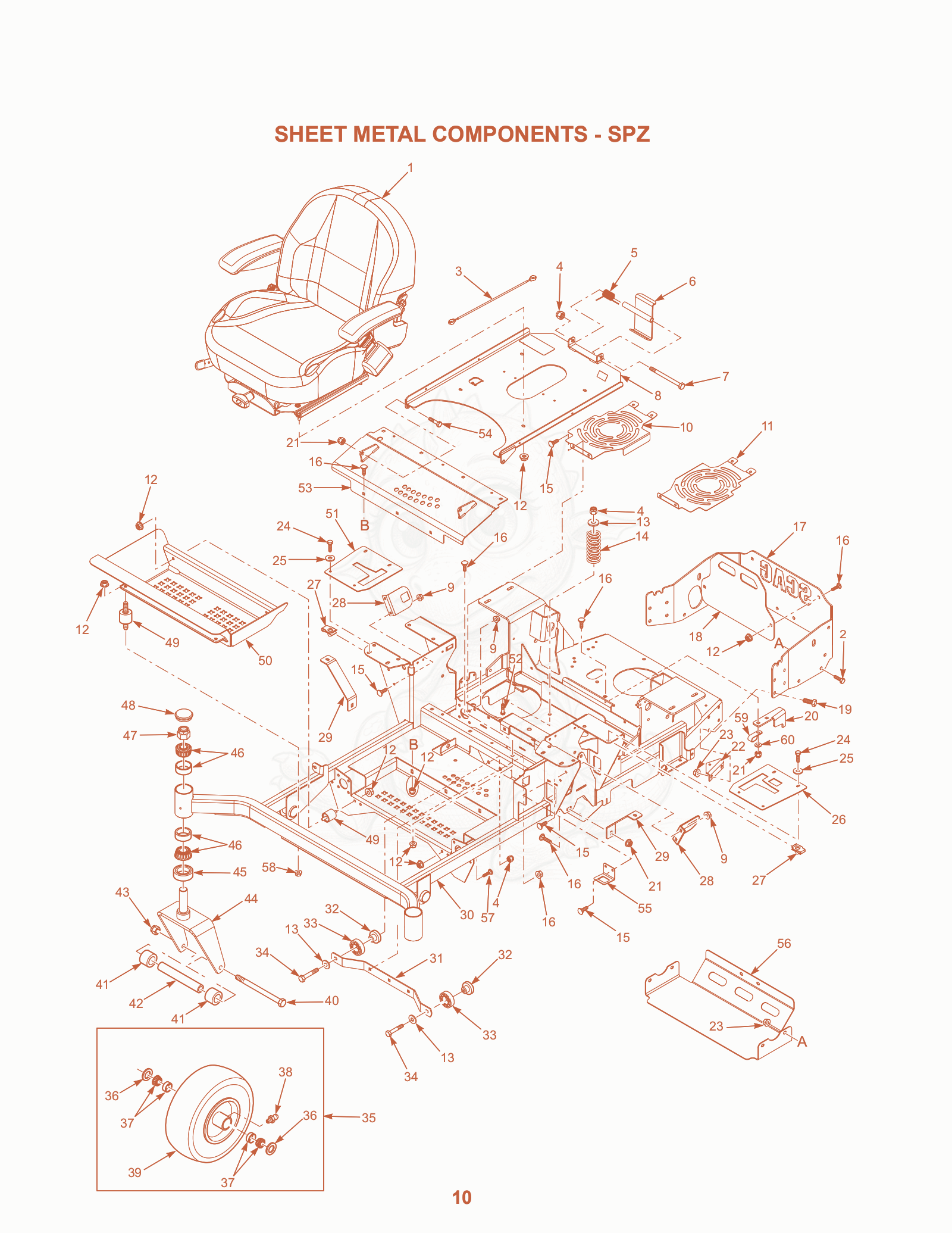 Exploded parts diagram of the Sheet Metal Components - SPZ of a Scag SPZ-52, with numbered balloons