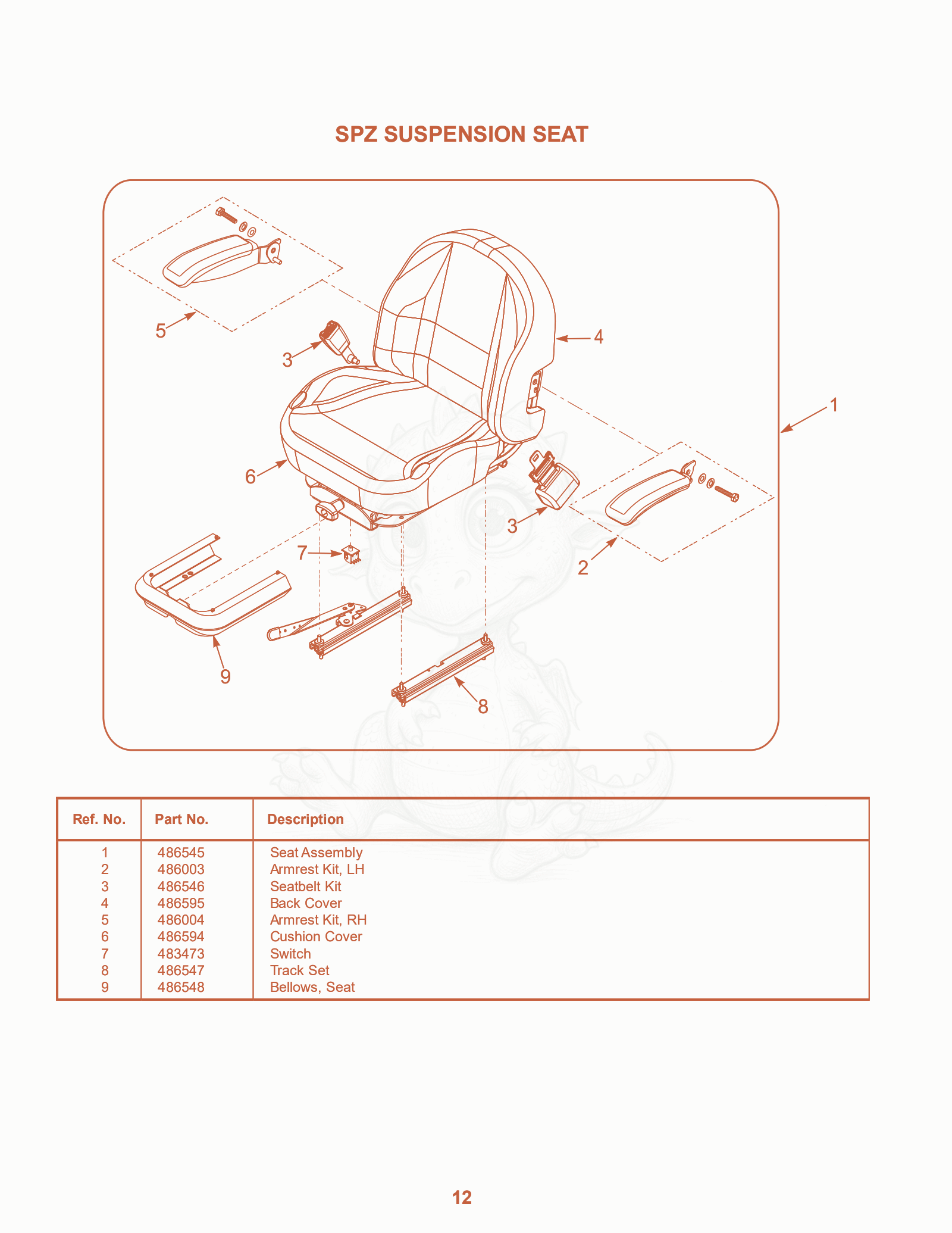 Despiece del SPZ Suspension Seat de una máquina Scag SPZ-52-61, con globos numerados