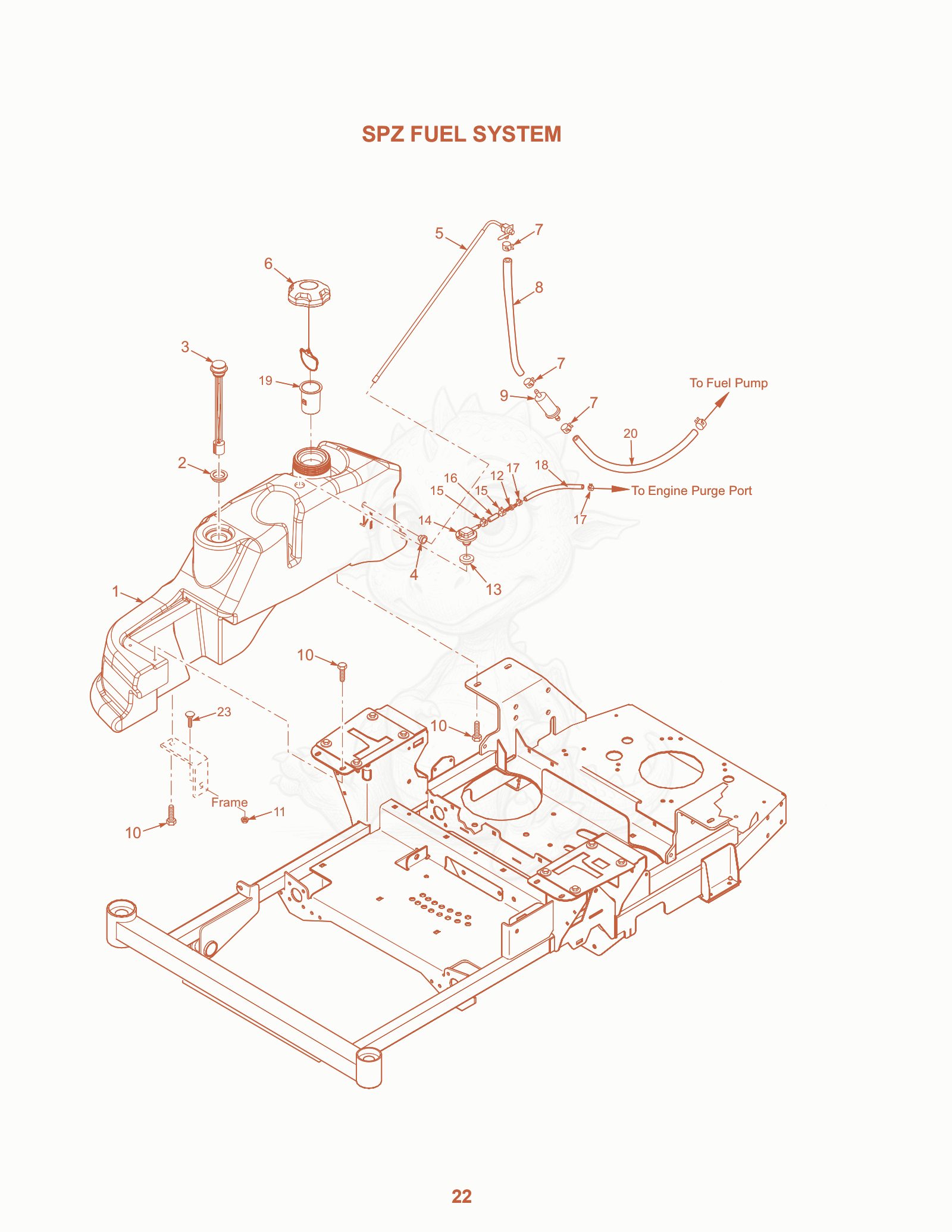Despiece del SPZ Fuel System de una máquina Scag SPZ-61, con globos numerados