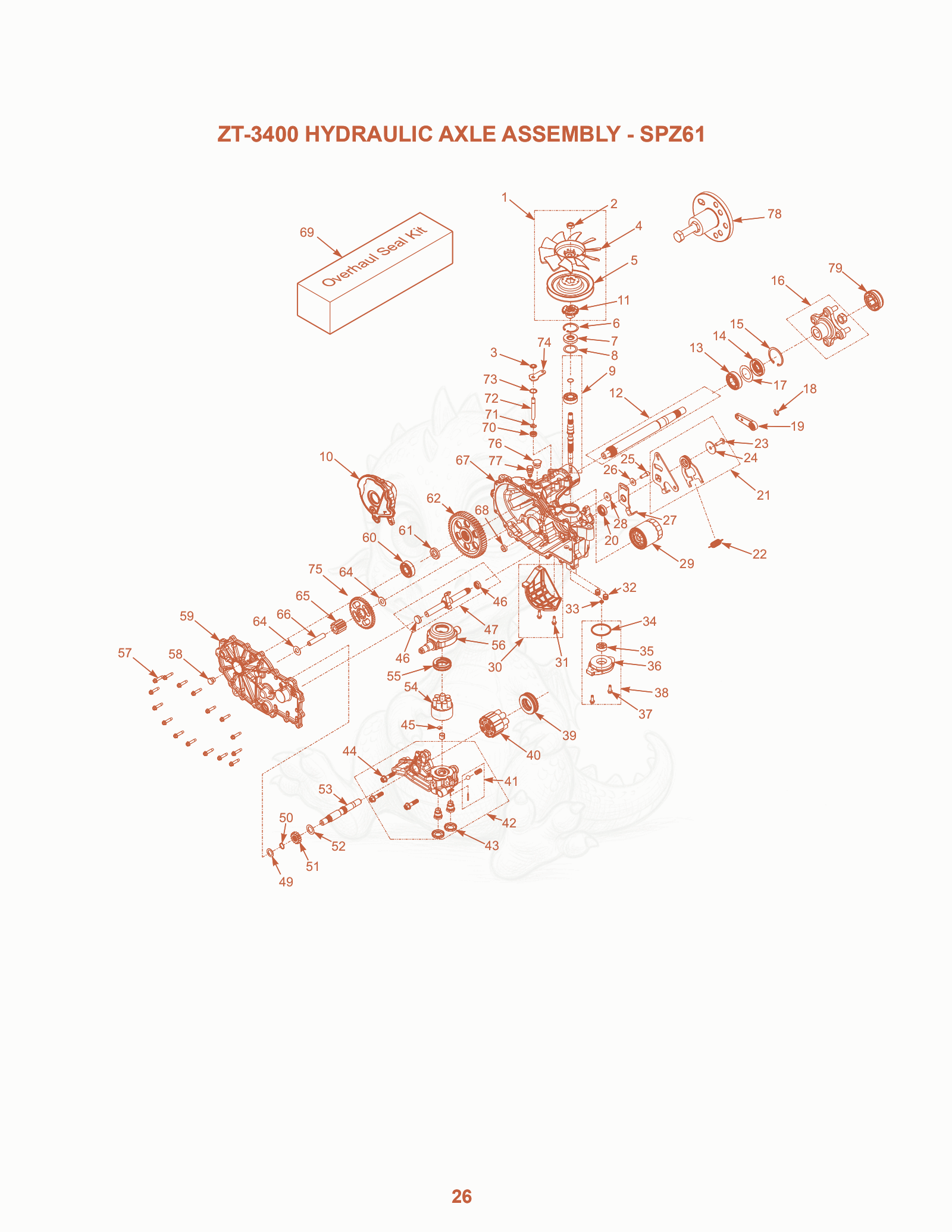 Exploded parts diagram of the ZT-3400 Hydraulic Axle Assembly - SPZ61 of a Scag SPZ-52, with numbered balloons