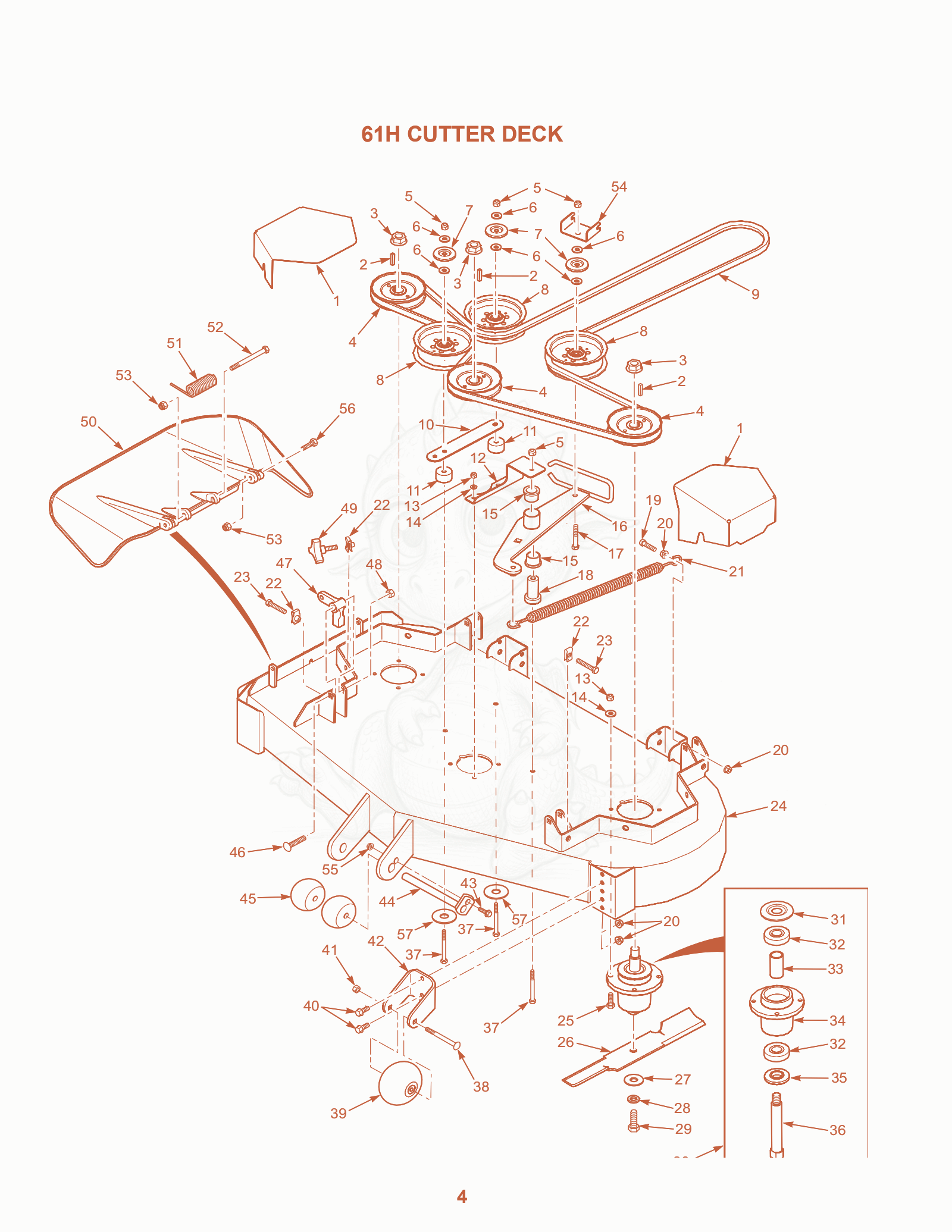 Exploded parts diagram of the 61H Cutter Deck of a Scag SPZ-52, with numbered balloons