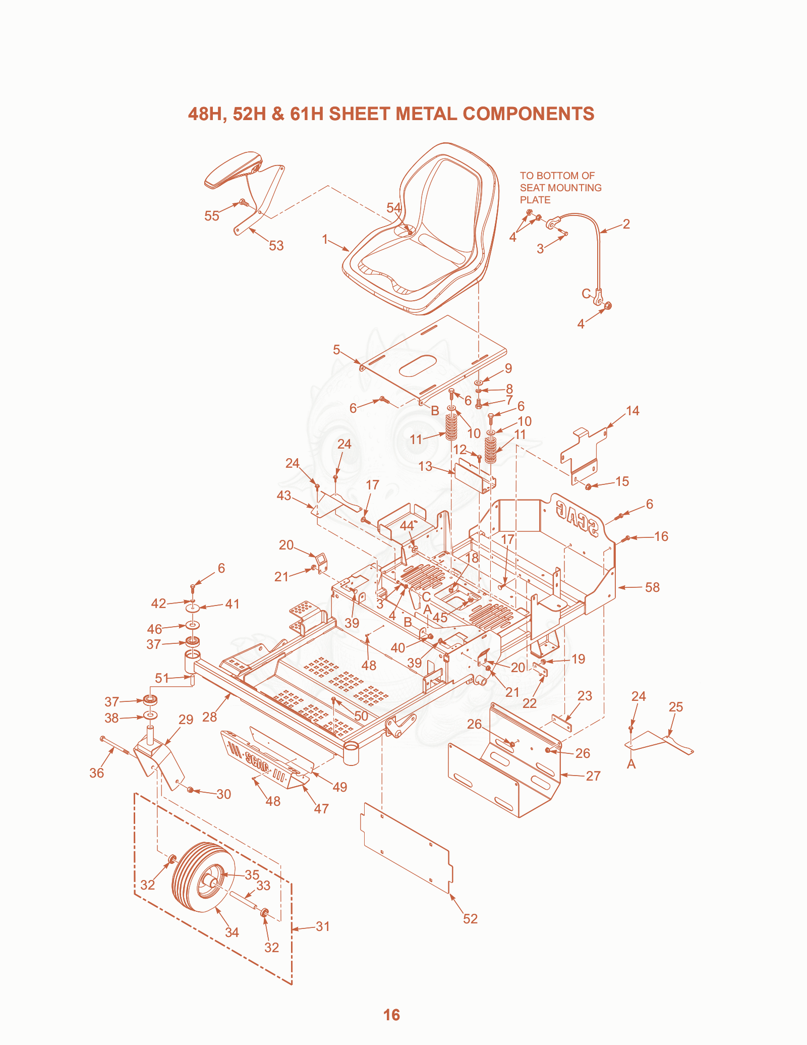 Exploded parts diagram of the 48H, 52H & 61H Sheet Metal Components of a Scag SZL-61, with numbered balloons
