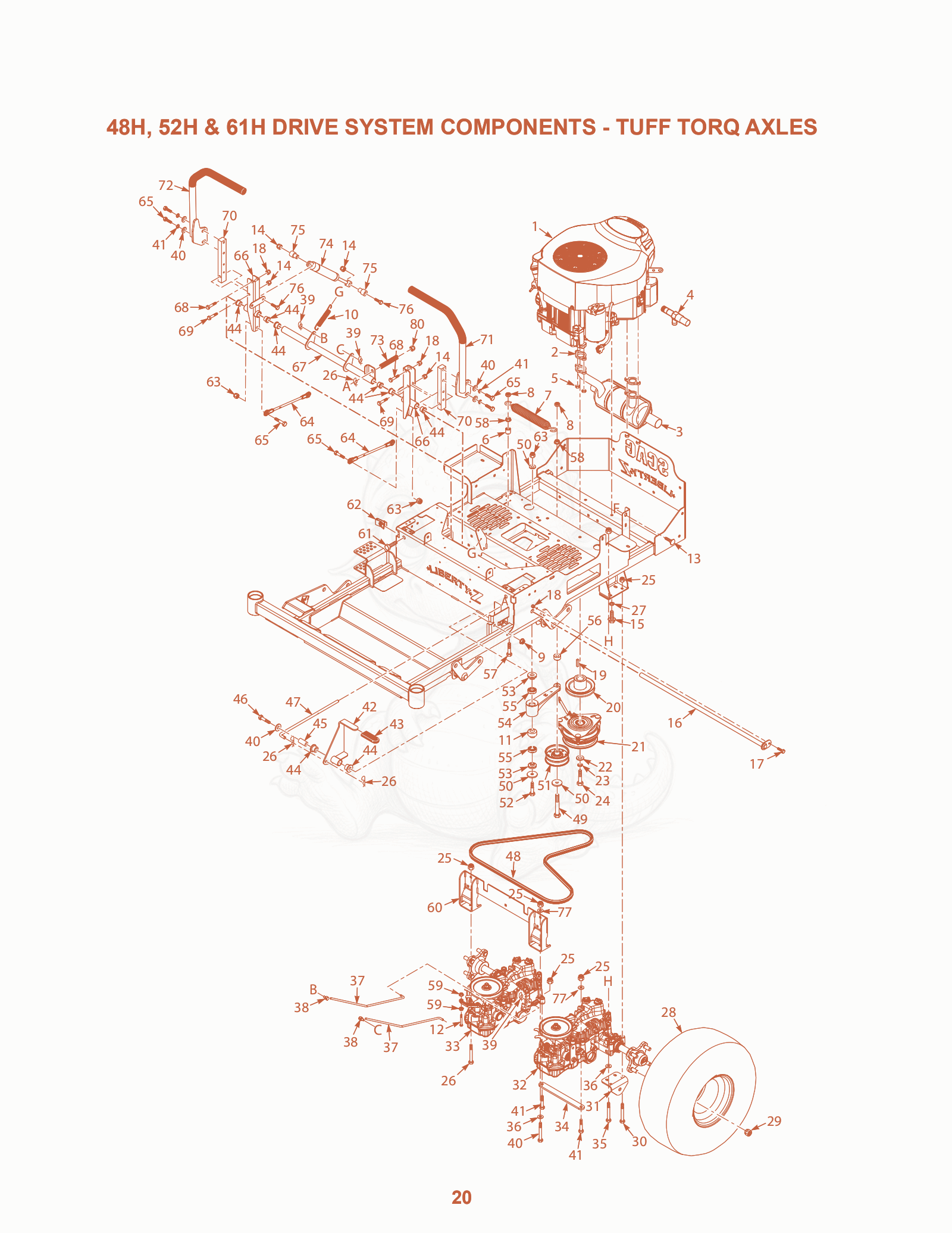 Exploded parts diagram of the 48H, 52H & 61H Drive System Components - Tuff Torq Axles of a Scag SZL-48, with numbered balloons