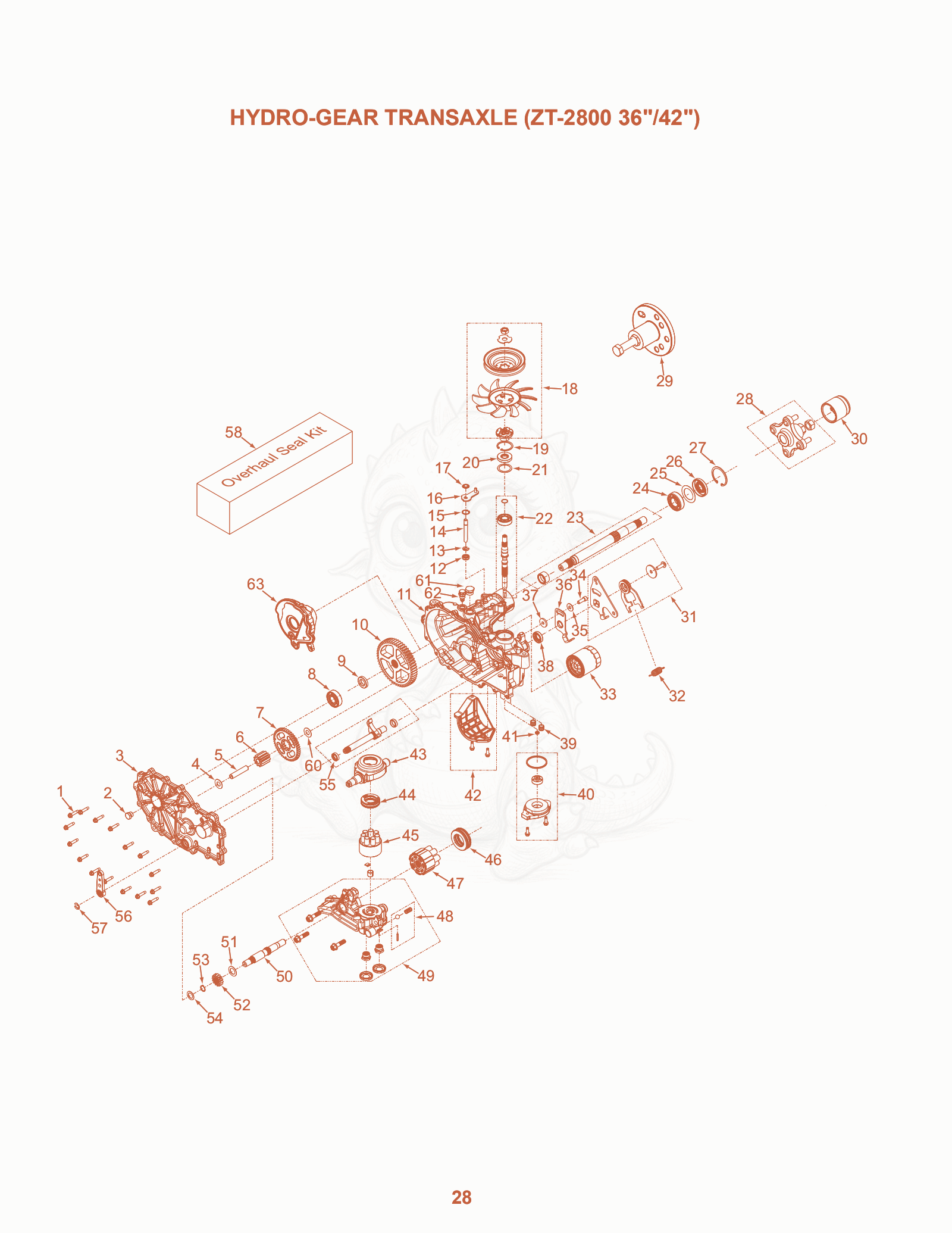 Exploded parts diagram of the Hydro-gear Transaxle (ZT-2800 36"/42") of a Scag SZL-48, with numbered balloons