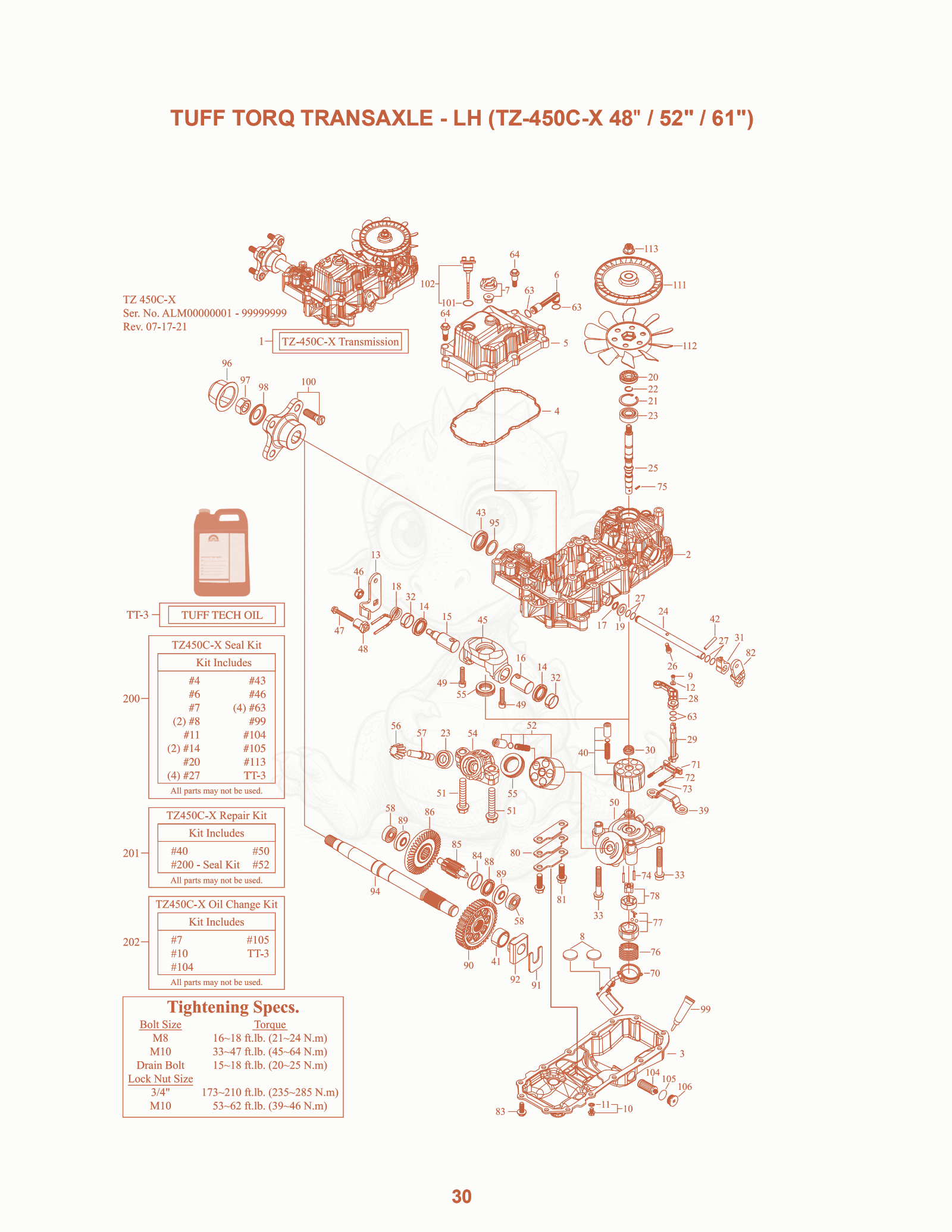 Exploded parts diagram of the Tuff Torq Transaxle - LH (TZ-450C-X 48" / 52" / 61") of a Scag SZL-48, with numbered balloons