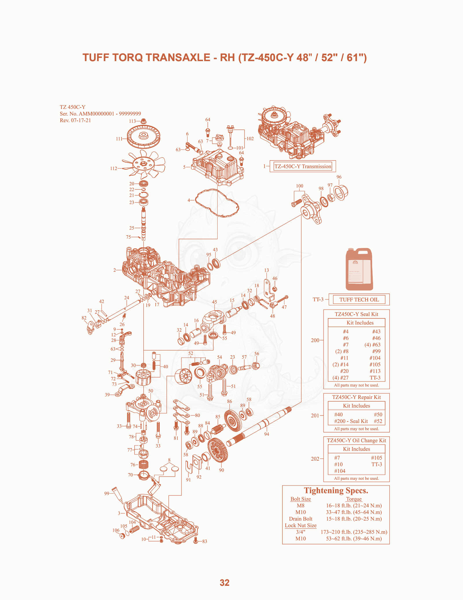 Exploded parts diagram of the Tuff Torq Transaxle - RH (TZ-450C-Y 48" / 52" / 61") of a Scag SZL-48, with numbered balloons