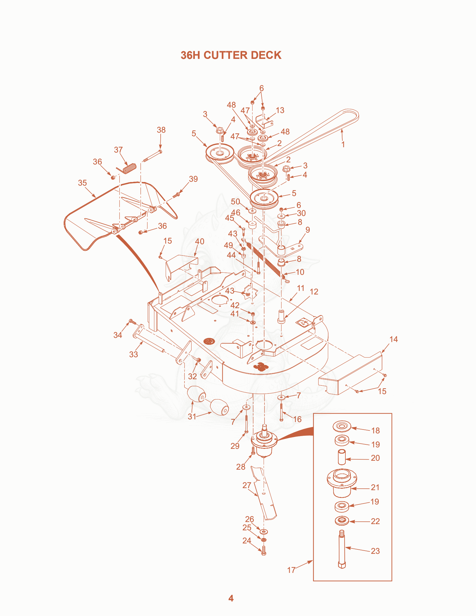 Exploded parts diagram of the 36H Cutter Deck of a Scag SZL-48, with numbered balloons
