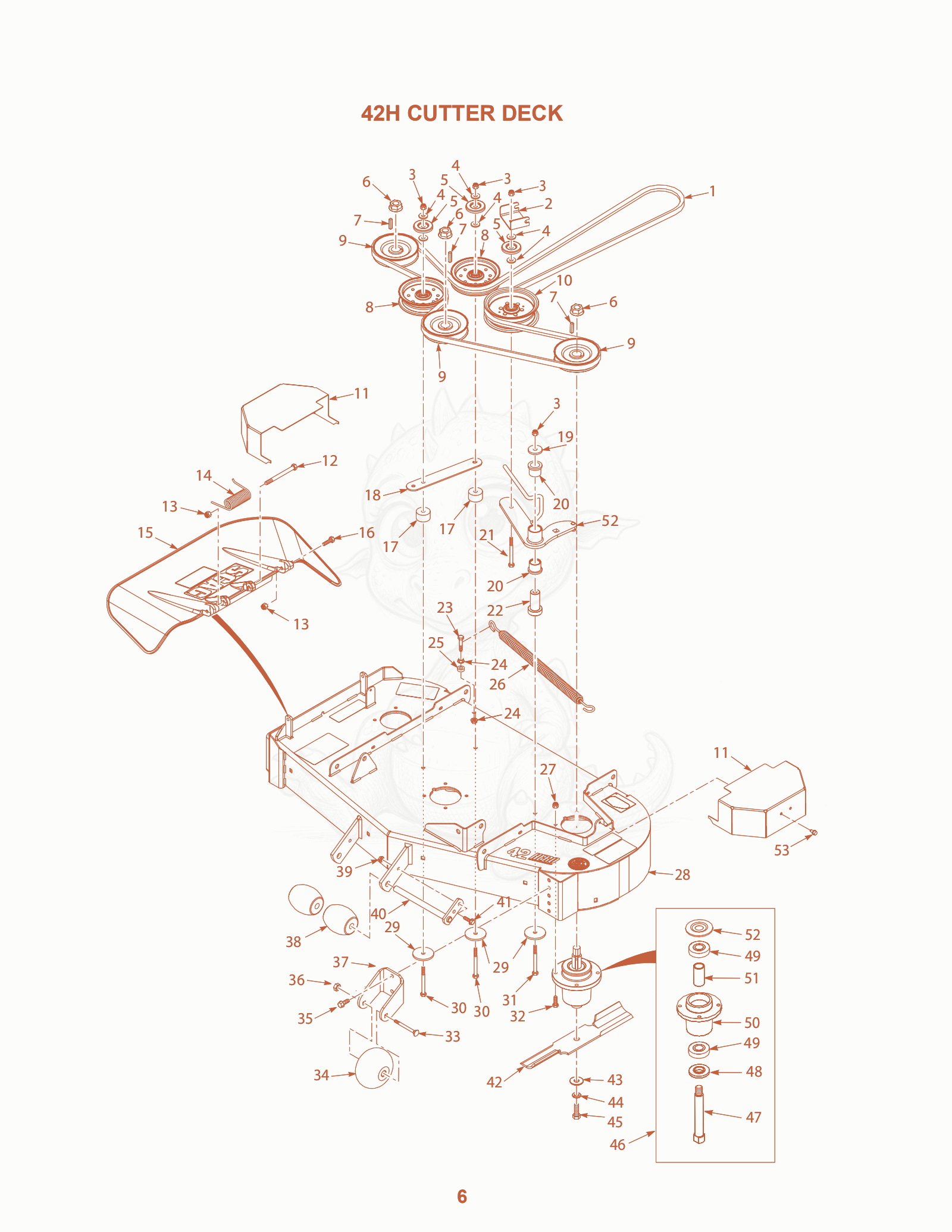 Exploded parts diagram of the 42H Cutter Deck of a Scag SZL-42, with numbered balloons