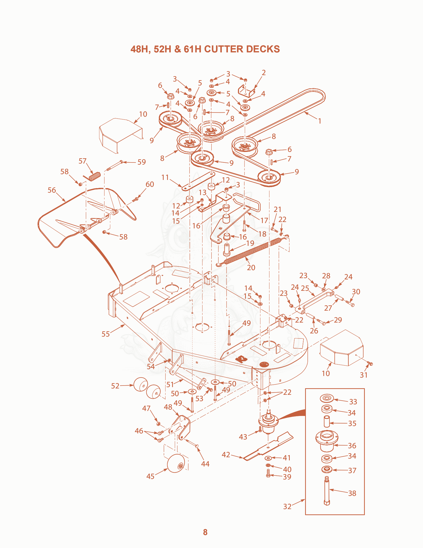 Exploded parts diagram of the 48H, 52H & 61H Cutter Decks of a Scag SZL-48, with numbered balloons