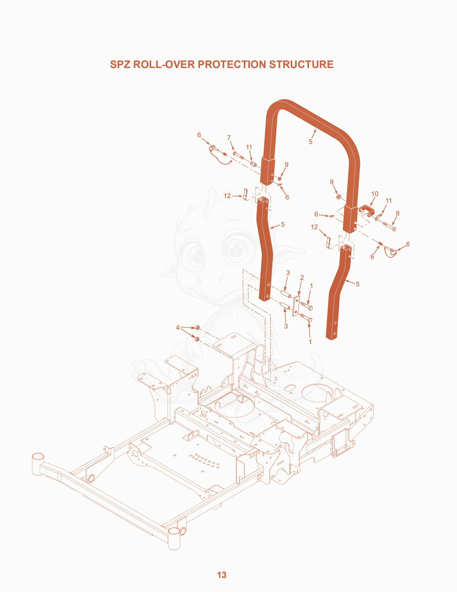 Exploded parts diagram of the SPZ Roll-over Protection Structure of a Scag SPZ-52, with numbered balloons