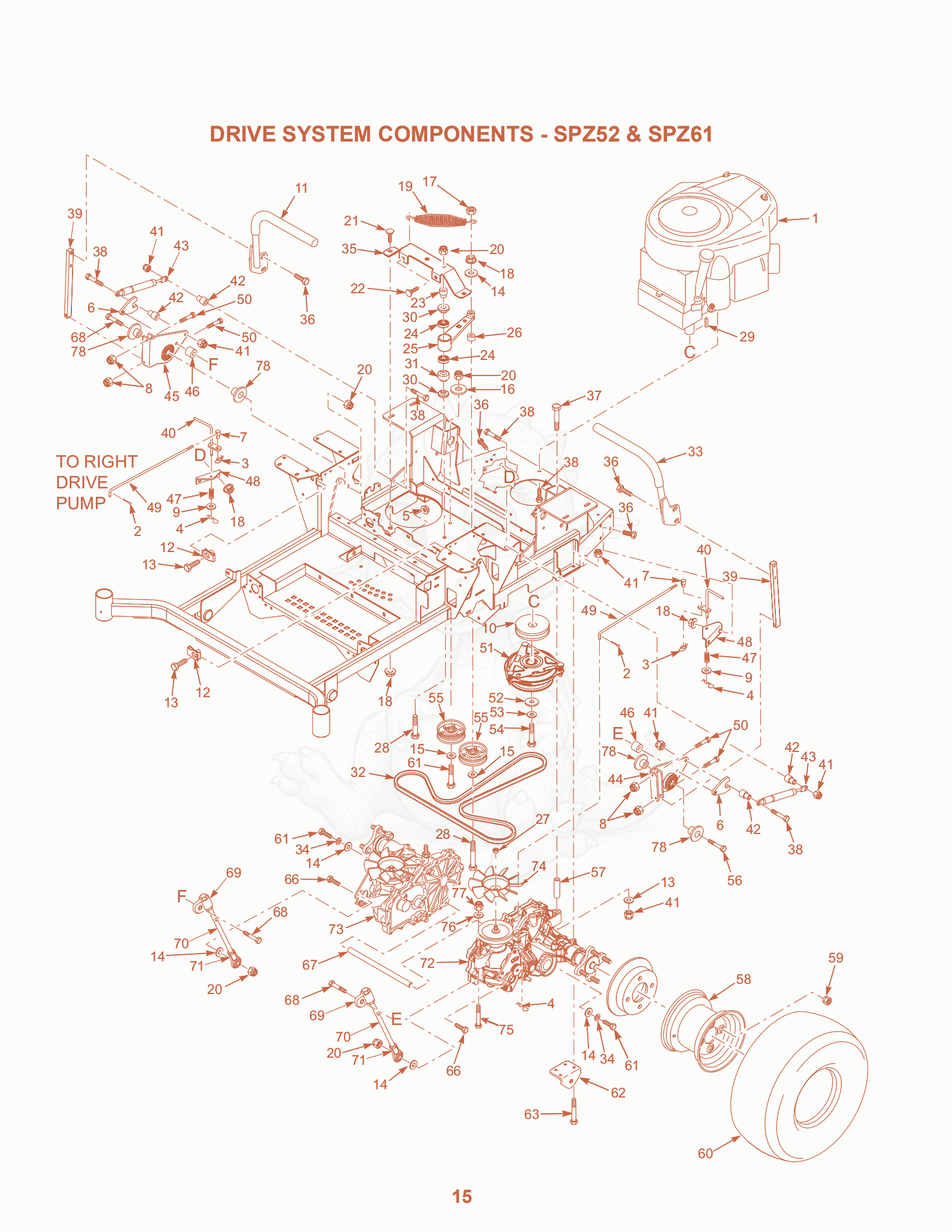 Exploded parts diagram of the Drive System Components - SPZ52 & SPZ61 of a Scag SPZ-52, with numbered balloons