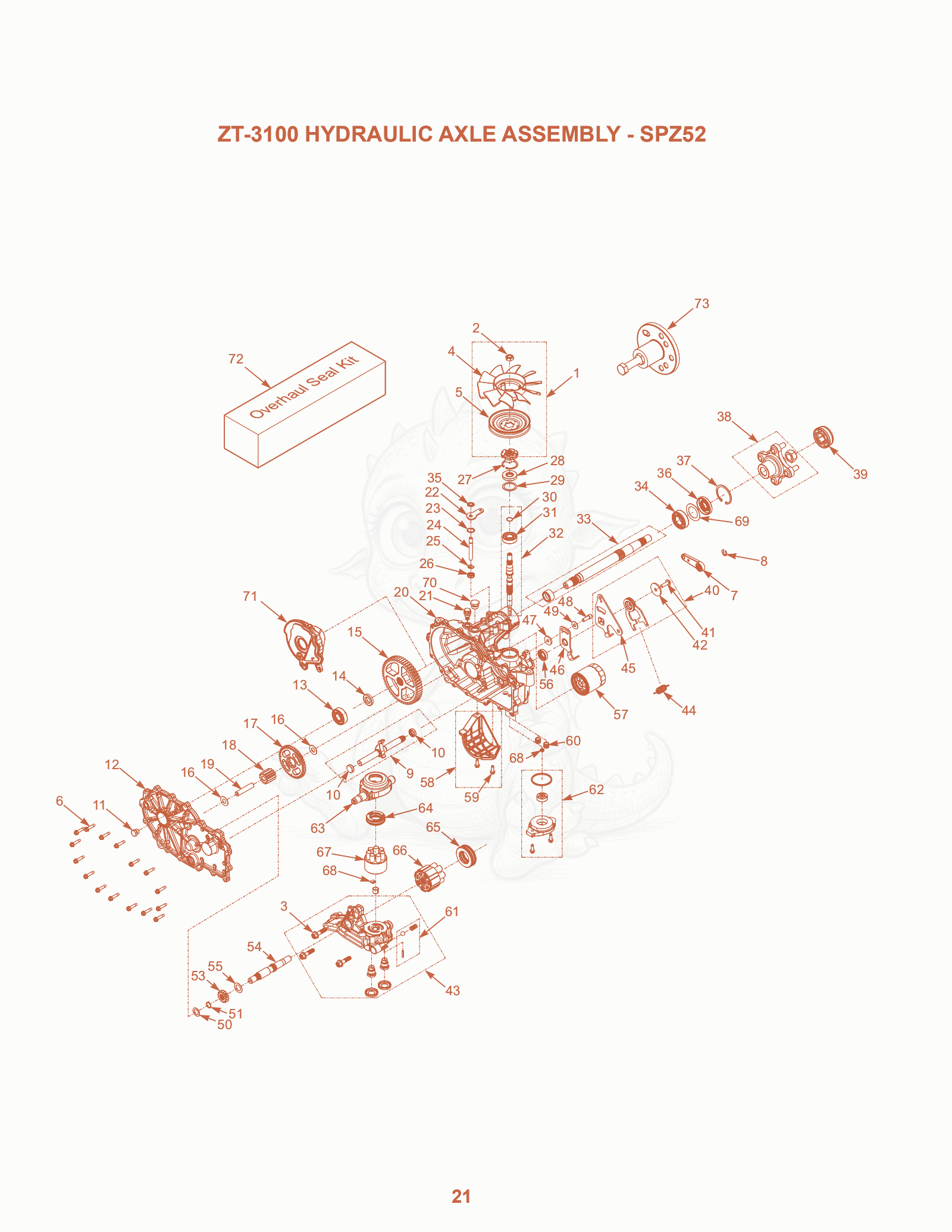 Exploded parts diagram of the ZT-3100 Hydraulic Axle Assembly - SPZ52 of a Scag SPZ-52, with numbered balloons