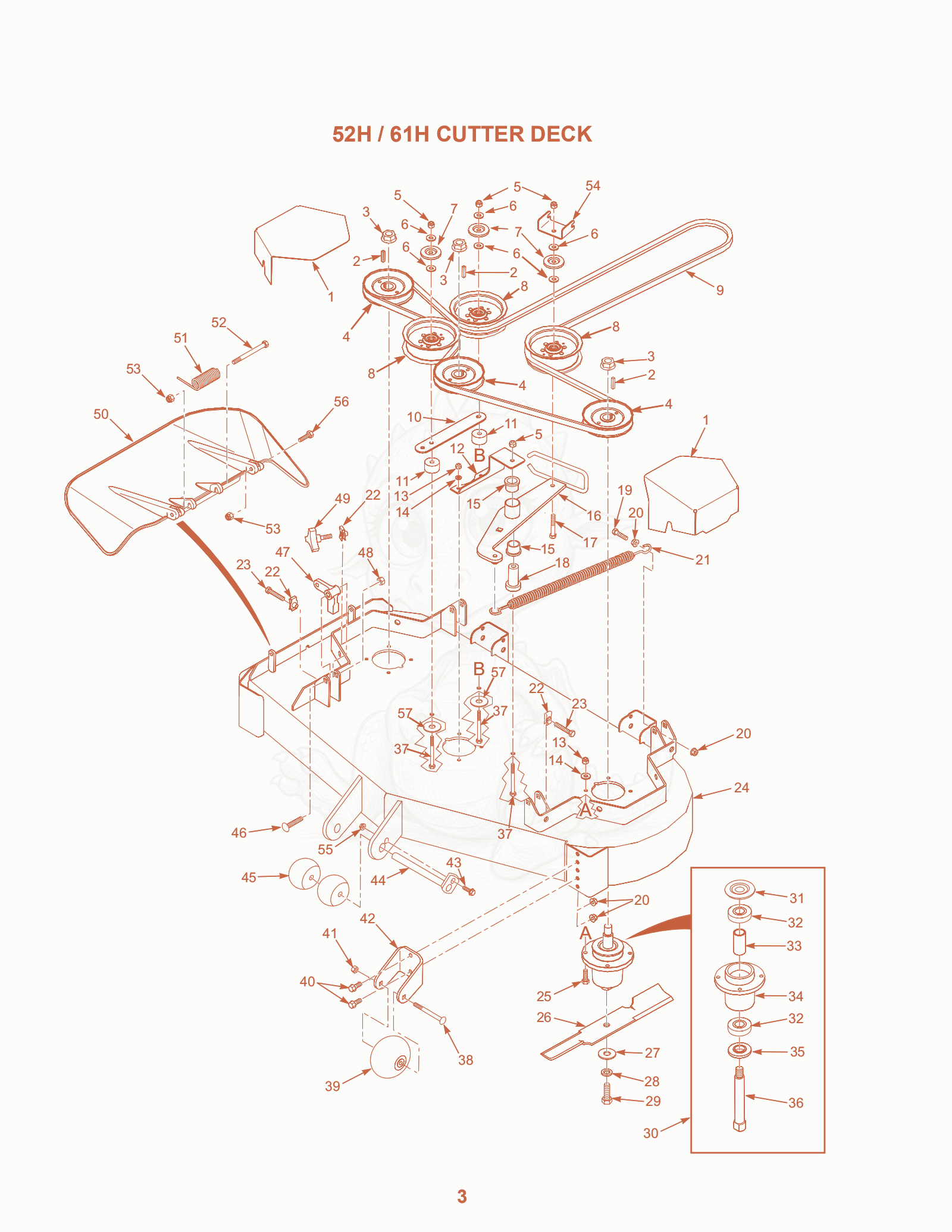Exploded parts diagram of the 52H / 61H Cutter Deck of a Scag SPZ-52, with numbered balloons