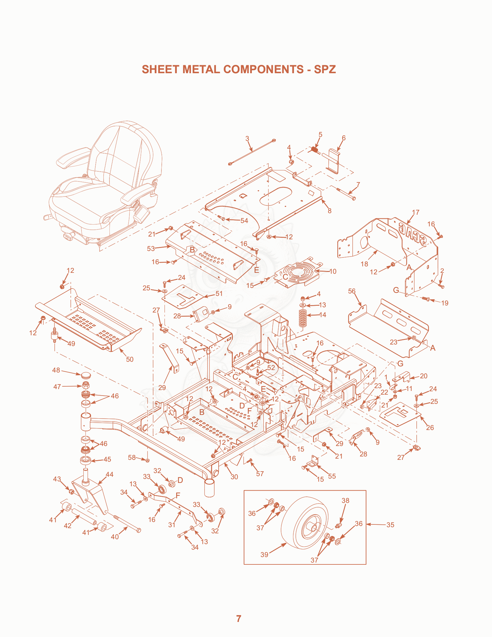 Exploded parts diagram of the Sheet Metal Components - SPZ of a Scag SPZ-61, with numbered balloons
