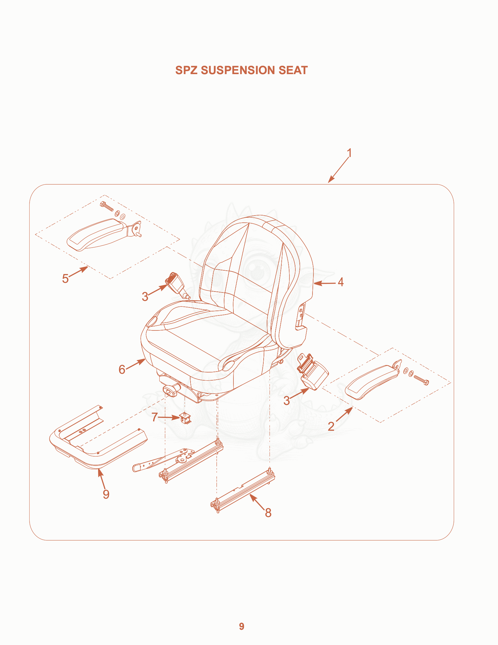 Exploded parts diagram of the SPZ Suspension Seat of a Scag SPZ-61, with numbered balloons