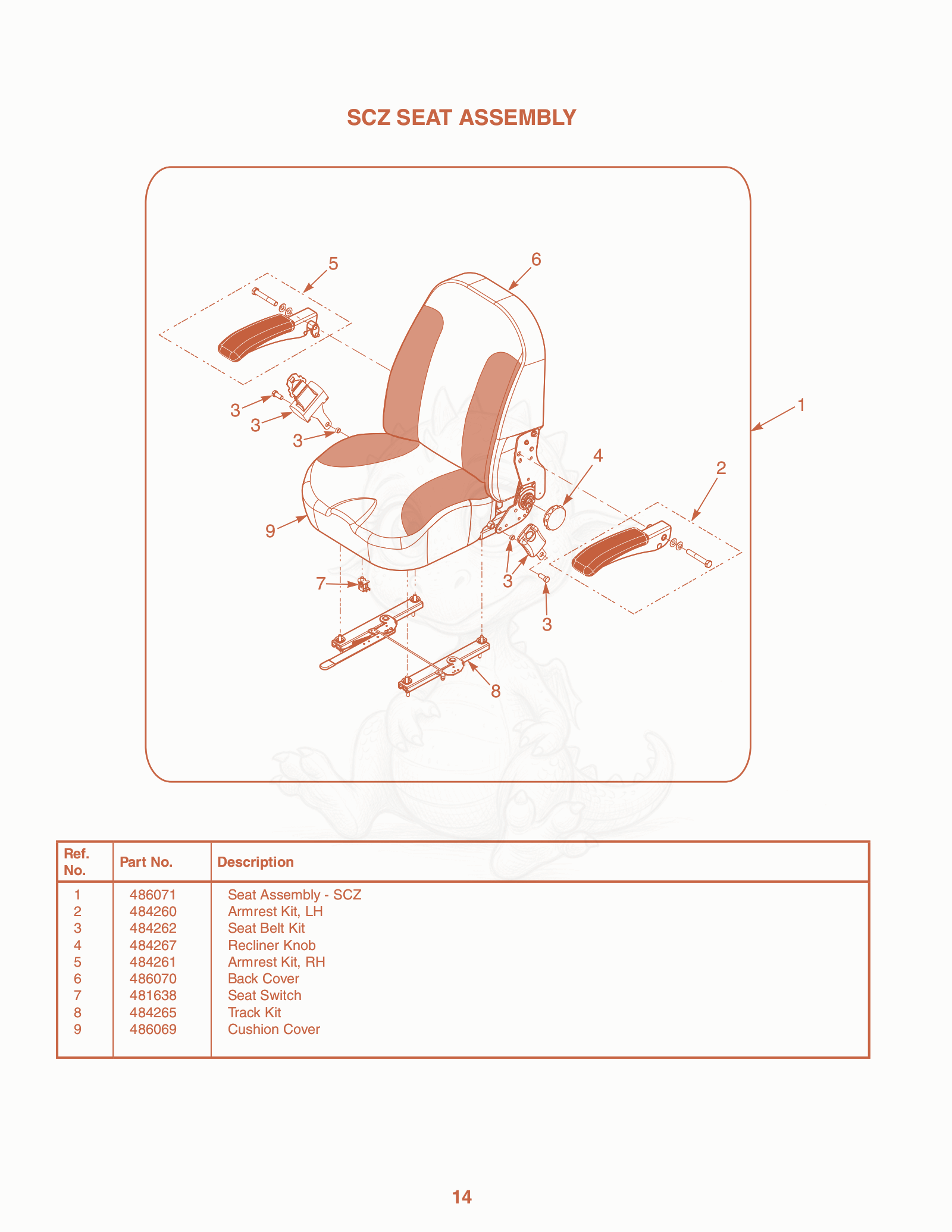 Exploded parts diagram of the SCZ Seat Assembly of a Scag SCZ-52V, with numbered balloons