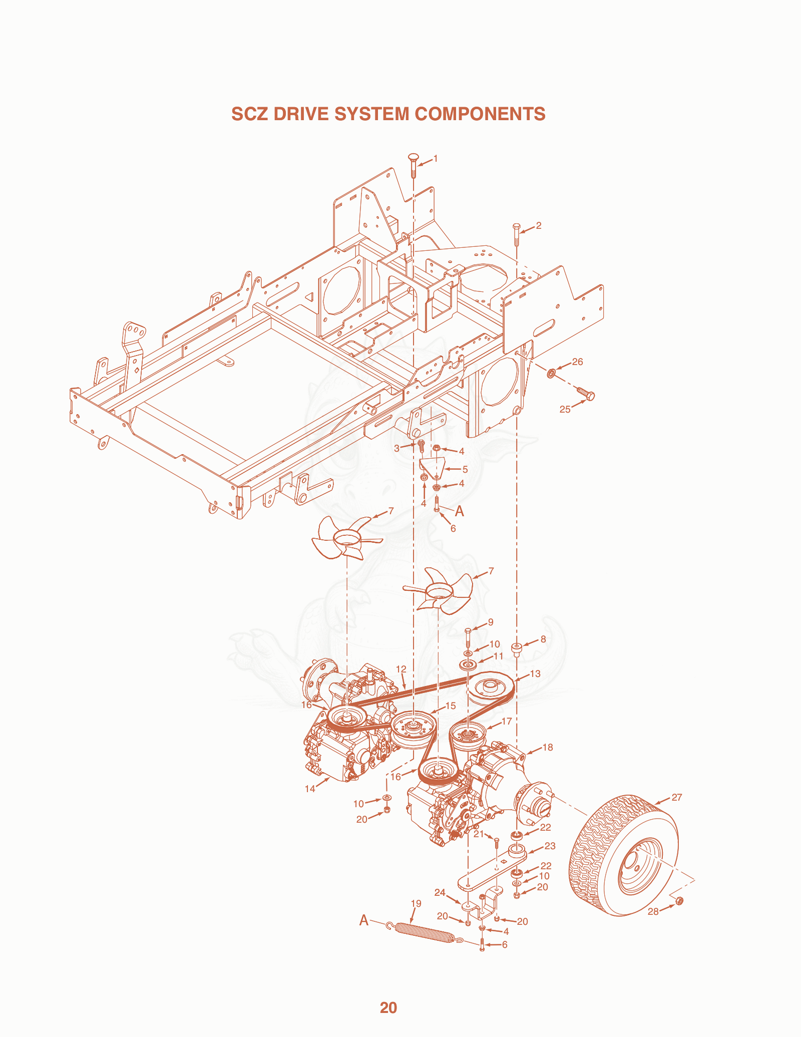 Exploded parts diagram of the SCZ Drive System Components of a Scag SCZ-35CV, with numbered balloons