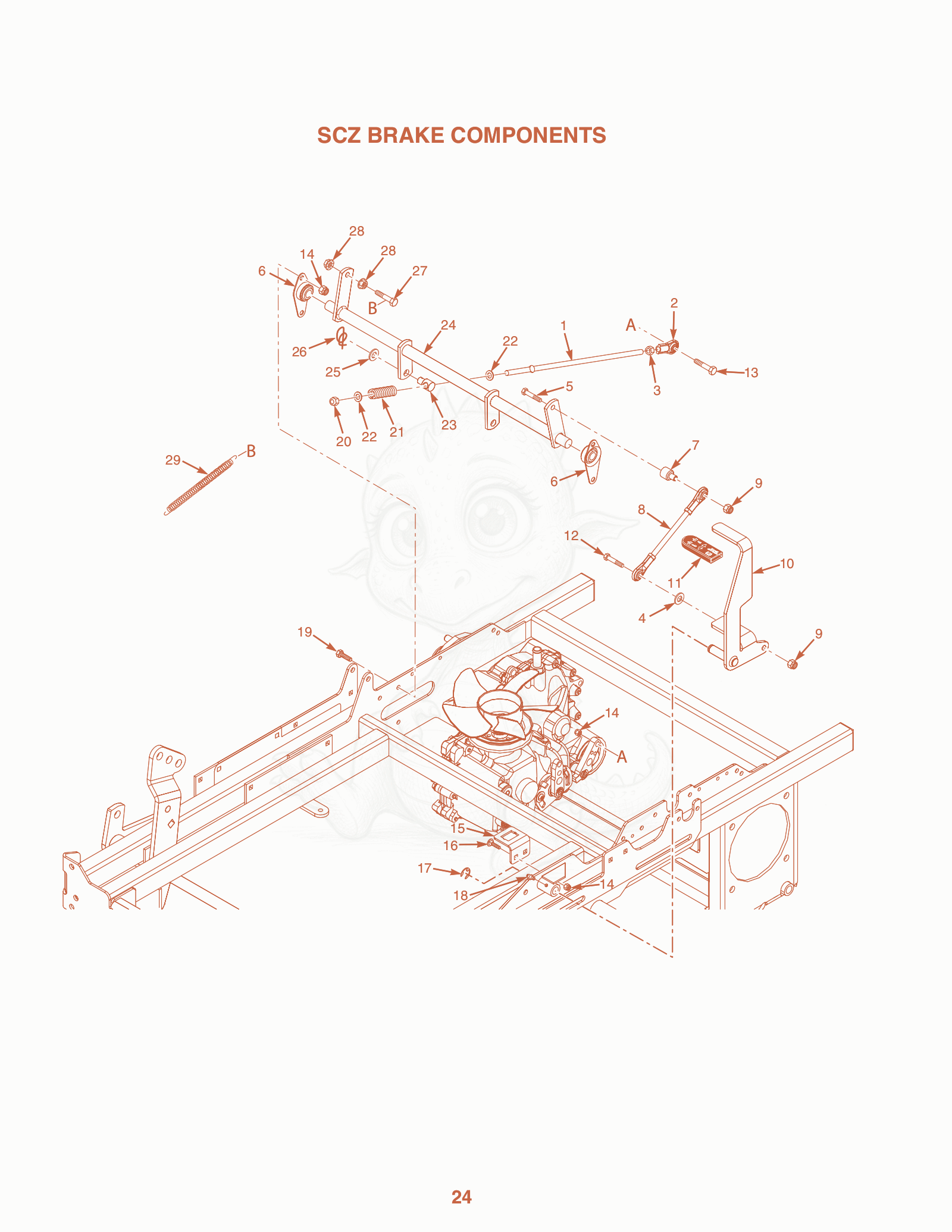 Exploded parts diagram of the SCZ Brake Components of a Scag SCZ-35CV, with numbered balloons