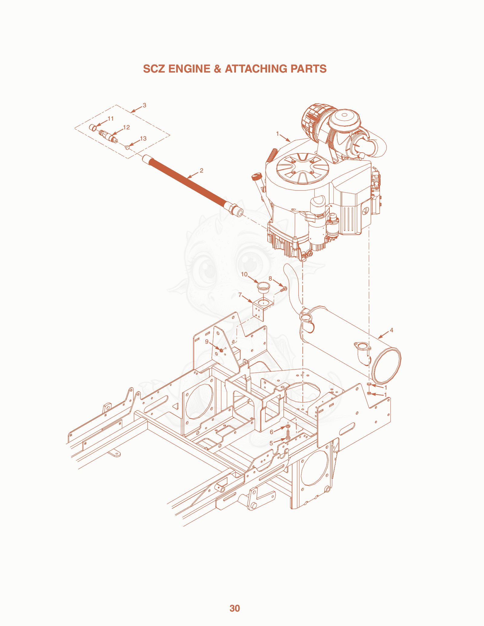 Exploded parts diagram of the SCZ Engine & Attaching Parts of a Scag SCZ-35CV, with numbered balloons