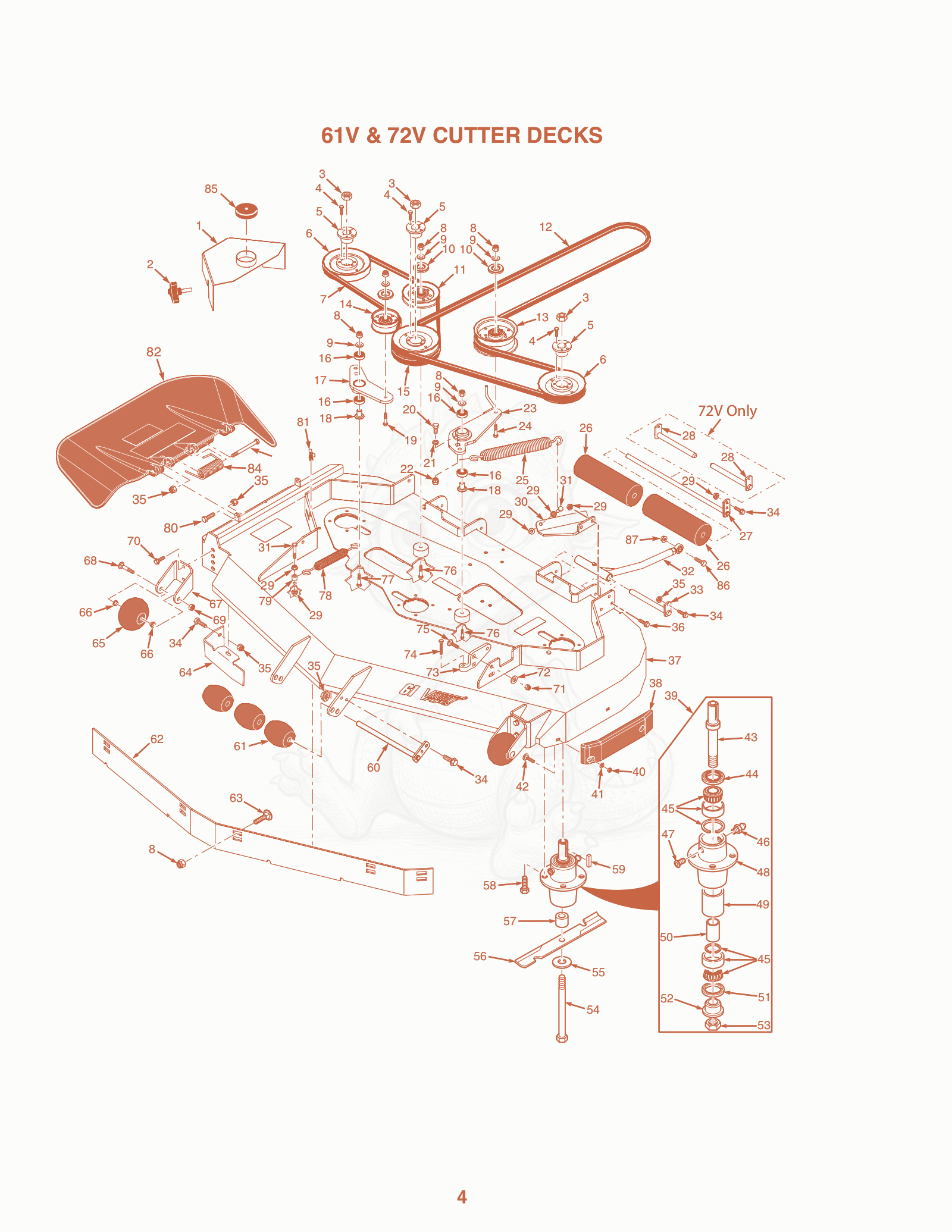 Exploded parts diagram of the 61V & 72V Cutter Decks of a Scag SCZ-35CV, with numbered balloons
