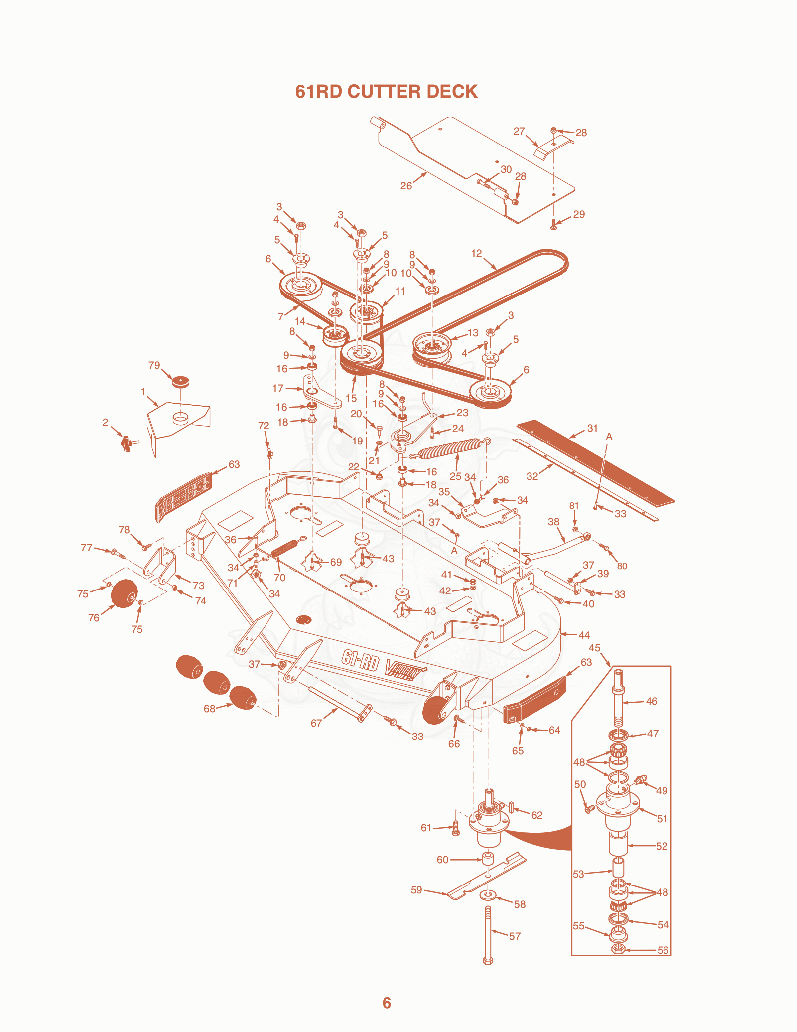 Exploded parts diagram of the 61RD Cutter Deck of a Scag SCZ-52V, with numbered balloons