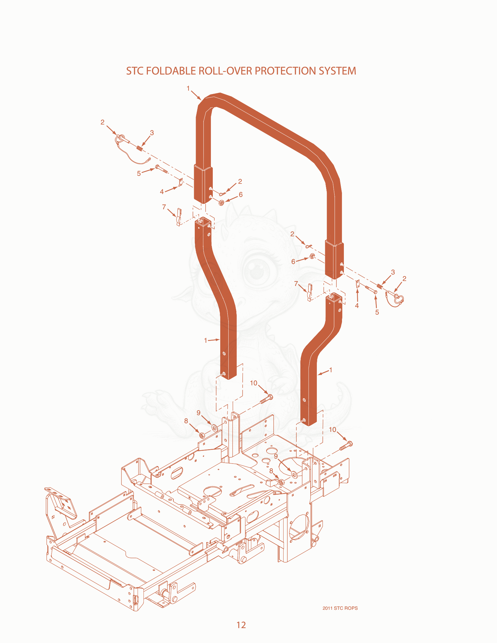 Exploded parts diagram of the STC Foldable Roll-over Protection System of a Scag STC48A-20CV, with numbered balloons