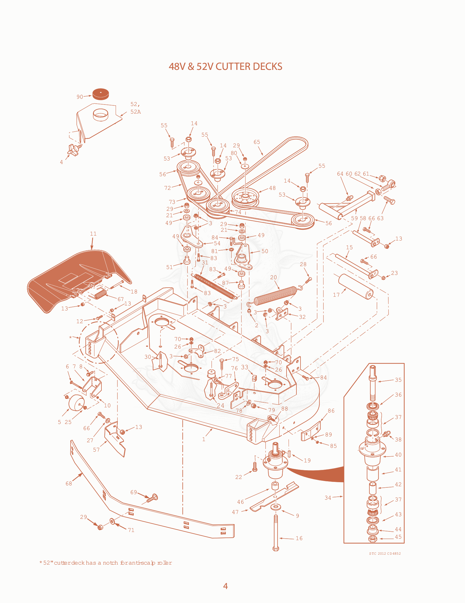 Exploded parts diagram of the 48V & 52V Cutter Decks of a Scag STC48V-25CV, with numbered balloons