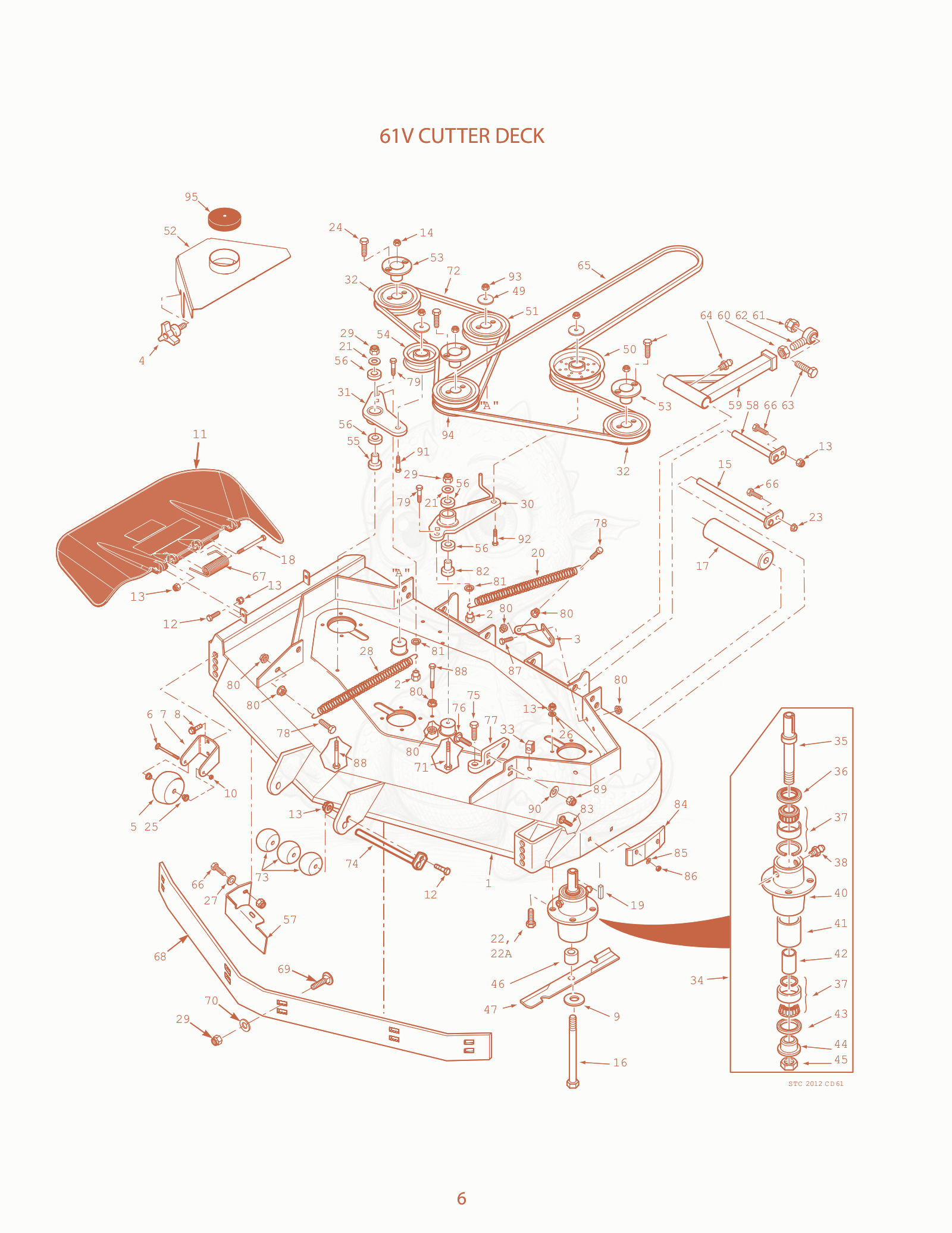 Exploded parts diagram of the 61V Cutter Deck of a Scag STC48A-21KA, with numbered balloons