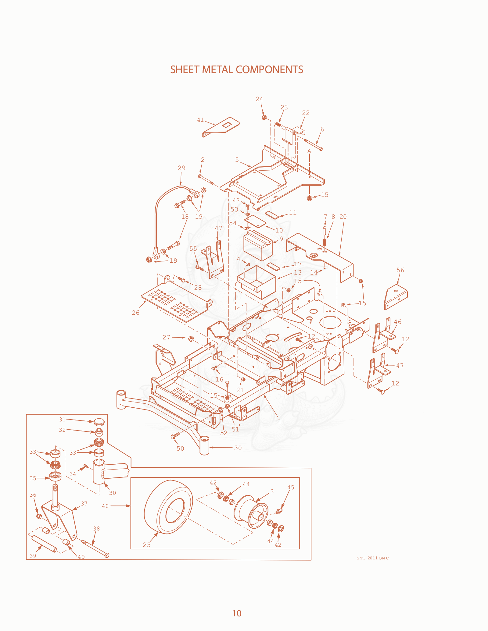Exploded parts diagram of the Sheet Metal Components of a Scag STC48V-25CV, with numbered balloons
