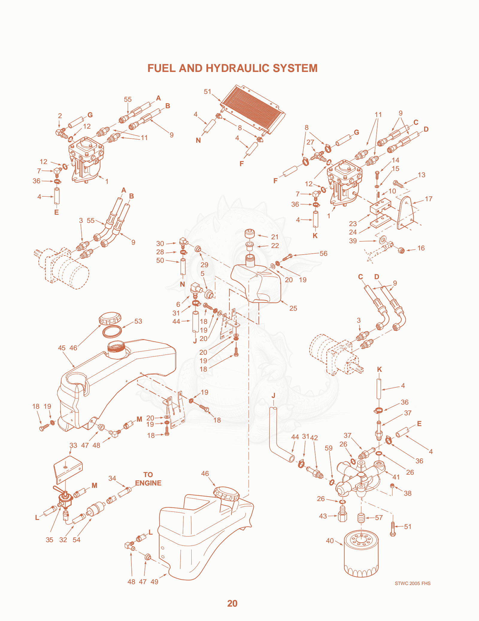 Exploded parts diagram of the Fuel AND Hydraulic System of a Scag SWZ-48V, with numbered balloons