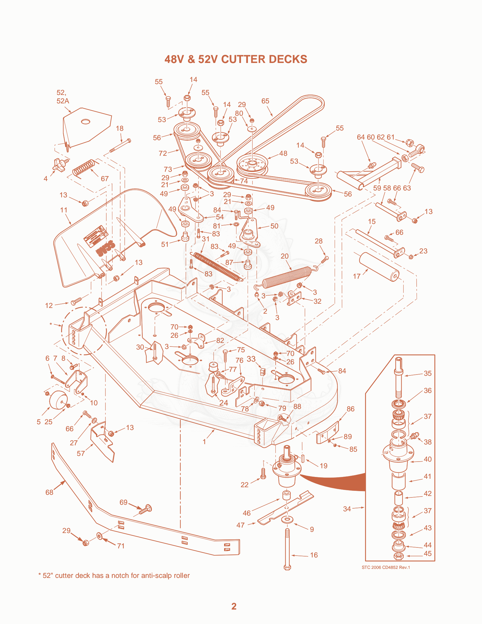 Exploded parts diagram of the 48V & 52V Cutter Decks of a Scag SWZ-48V, with numbered balloons
