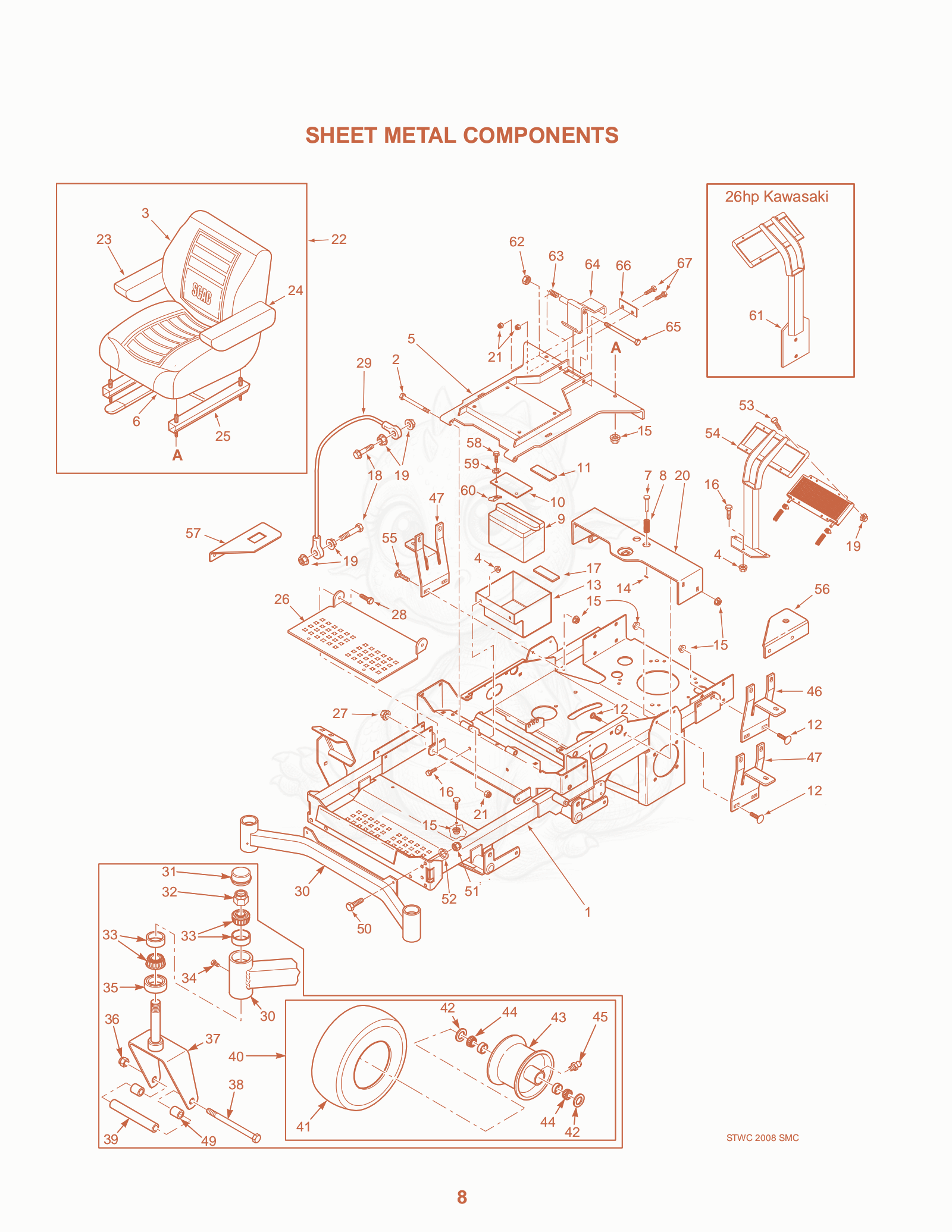 Exploded parts diagram of the Sheet MET AL Components of a Scag SWZ-48V, with numbered balloons