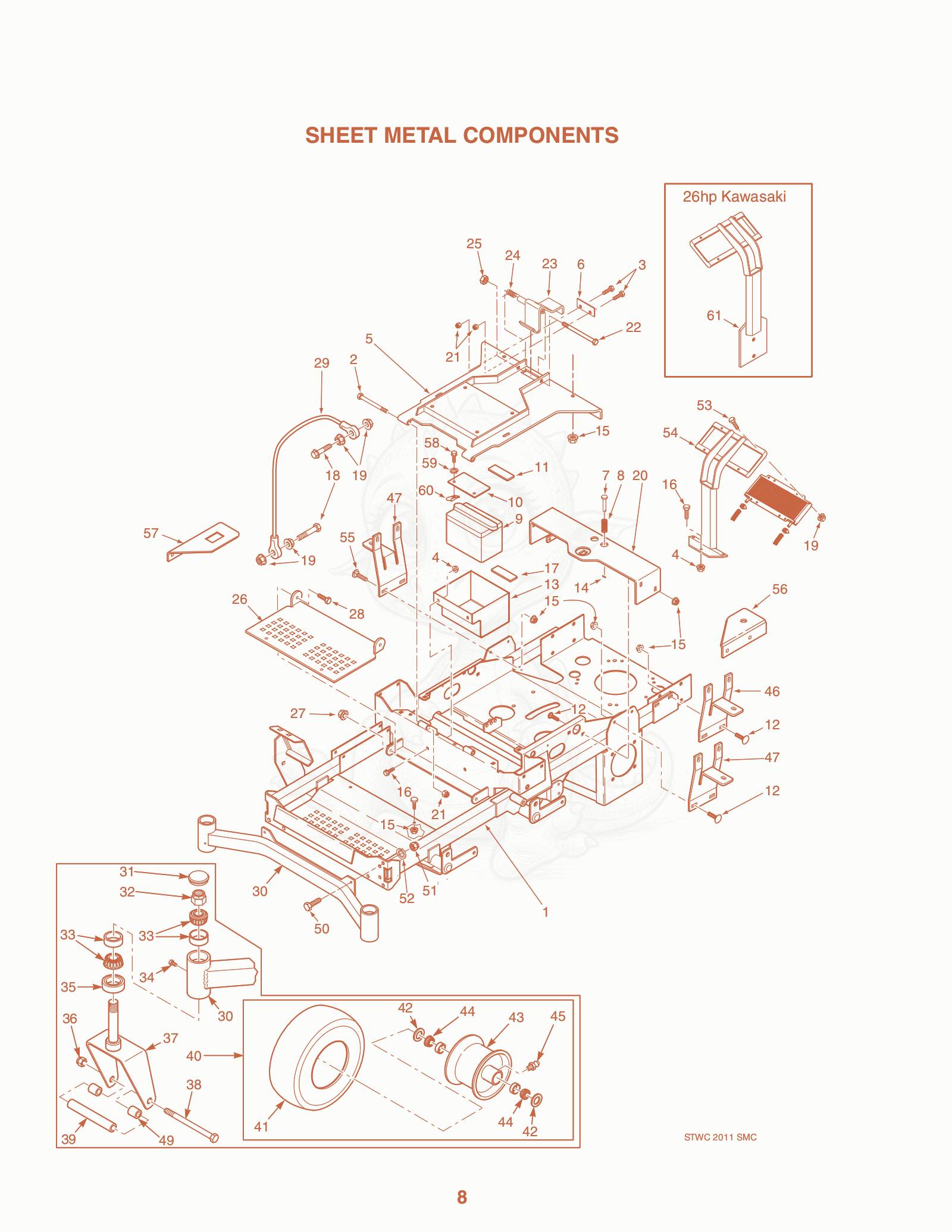 Exploded parts diagram of the Sheet Metal Components of a Scag SWZ-48V-RH, with numbered balloons