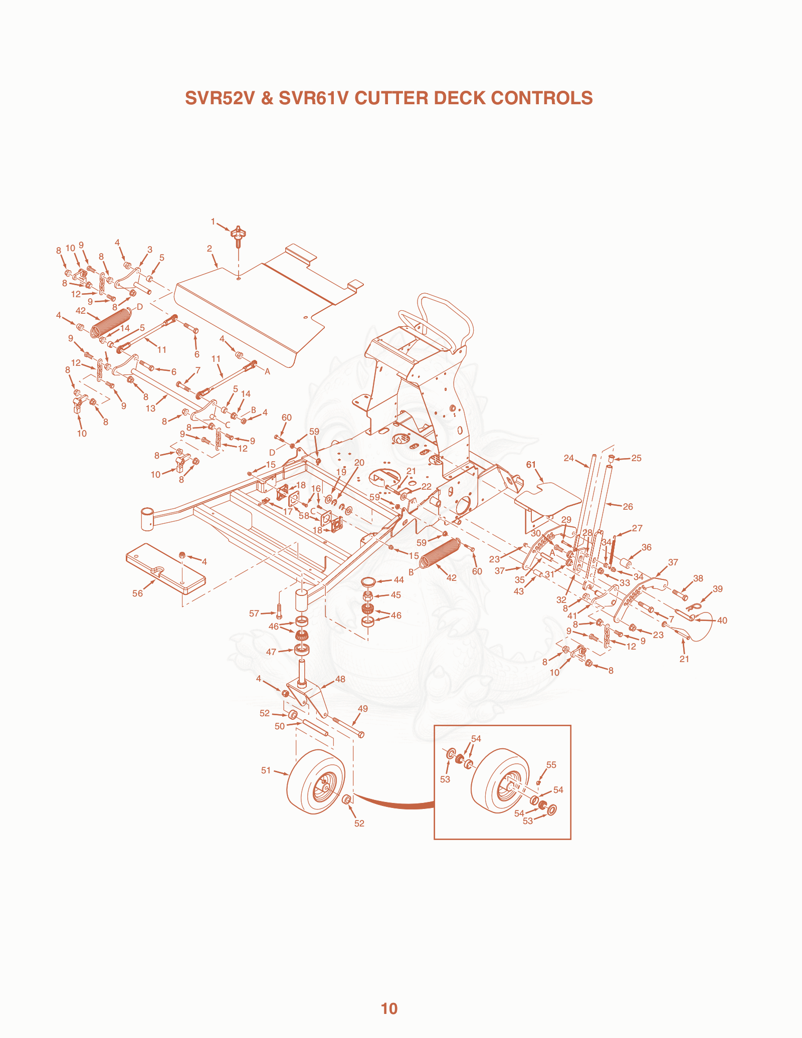 Exploded parts diagram of the SVR52V & SVR61V Cutter Deck Controls of a Scag SVR-48, with numbered balloons