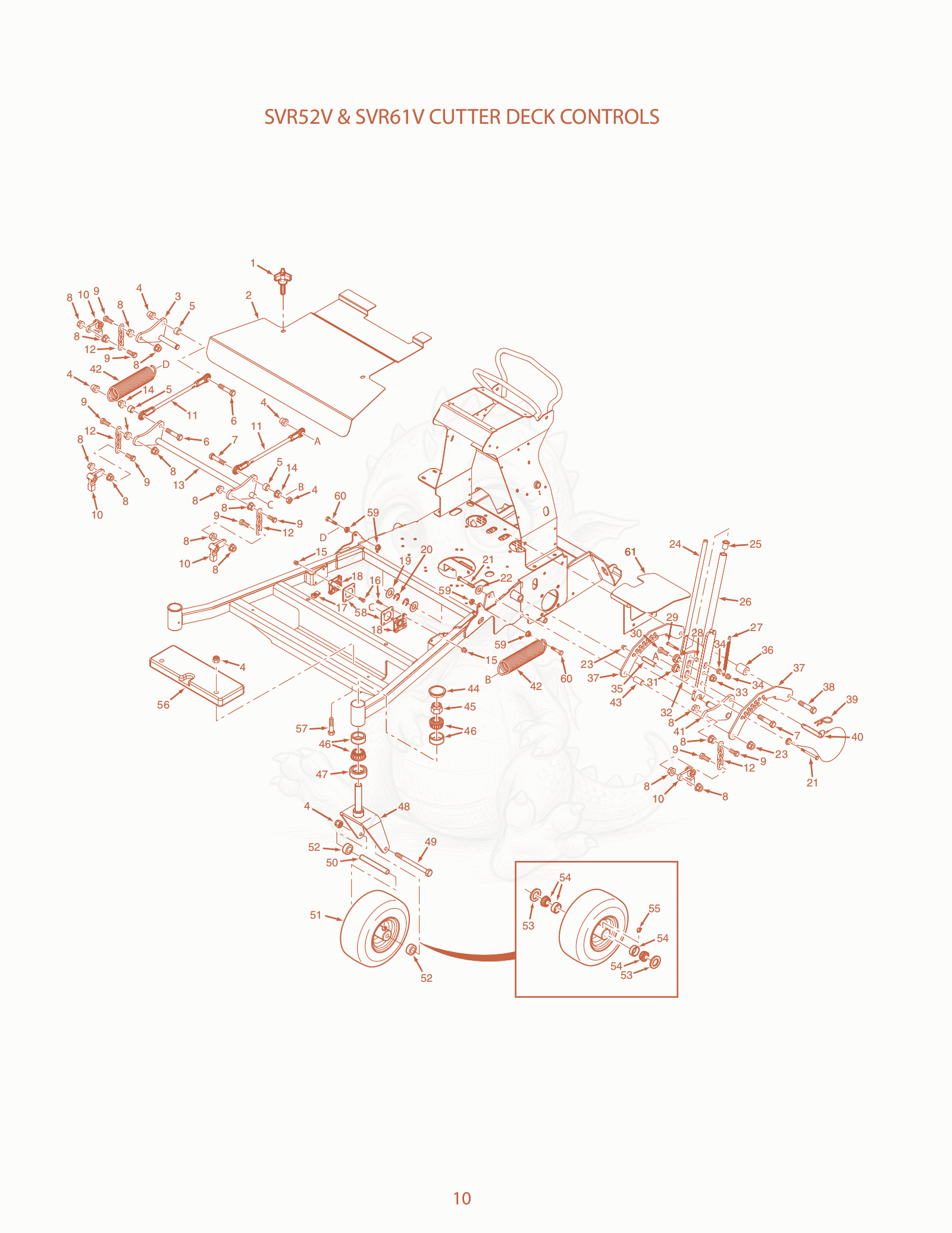 Exploded parts diagram of the SVR52V & SVR61V Cutter Deck Controls of a Scag SVR-52V, with numbered balloons