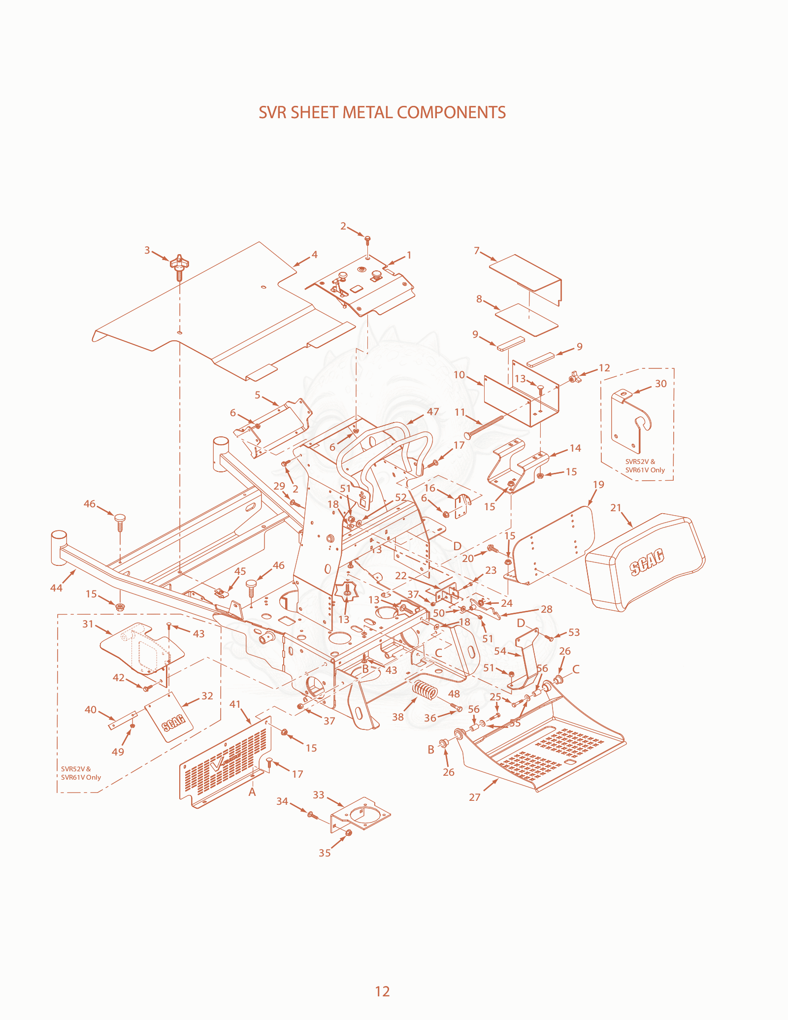 Exploded parts diagram of the SVR Sheet Metal Components of a Scag SVR-48V, with numbered balloons