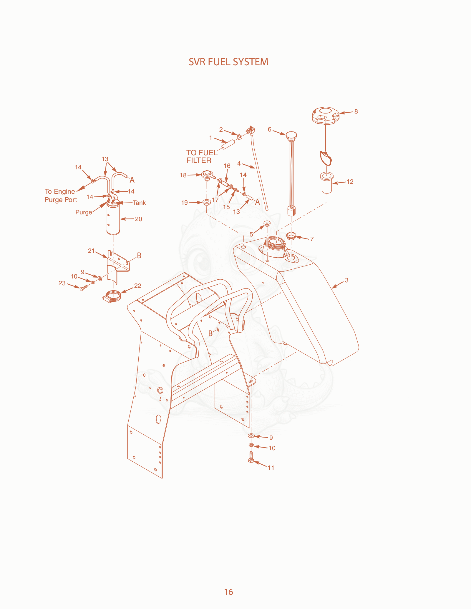 Exploded parts diagram of the SVR Fuel System of a Scag SVR-52V, with numbered balloons