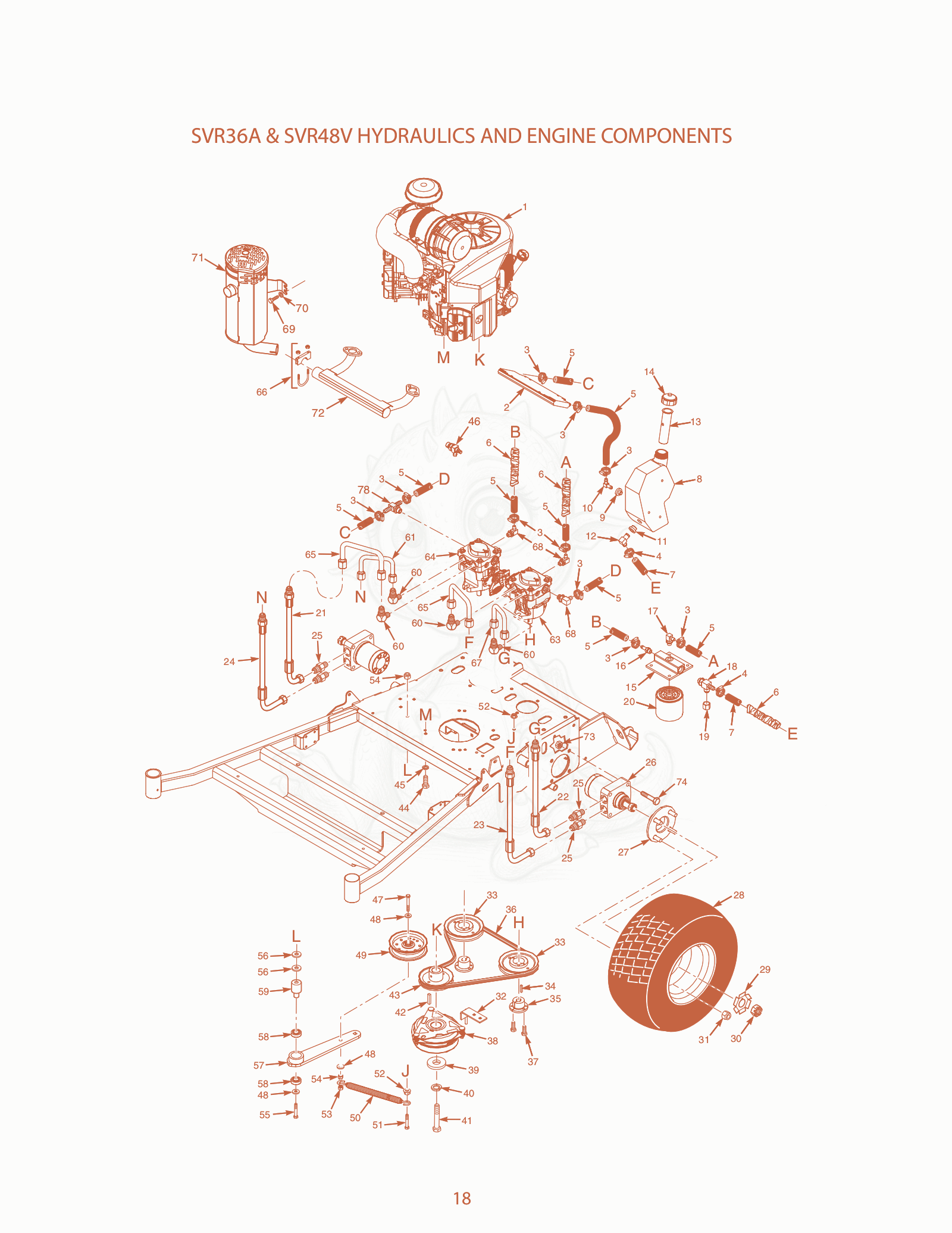 Exploded parts diagram of the SVR36A & SVR48V Hydraulics AND Engine Components of a Scag SVR-61, with numbered balloons